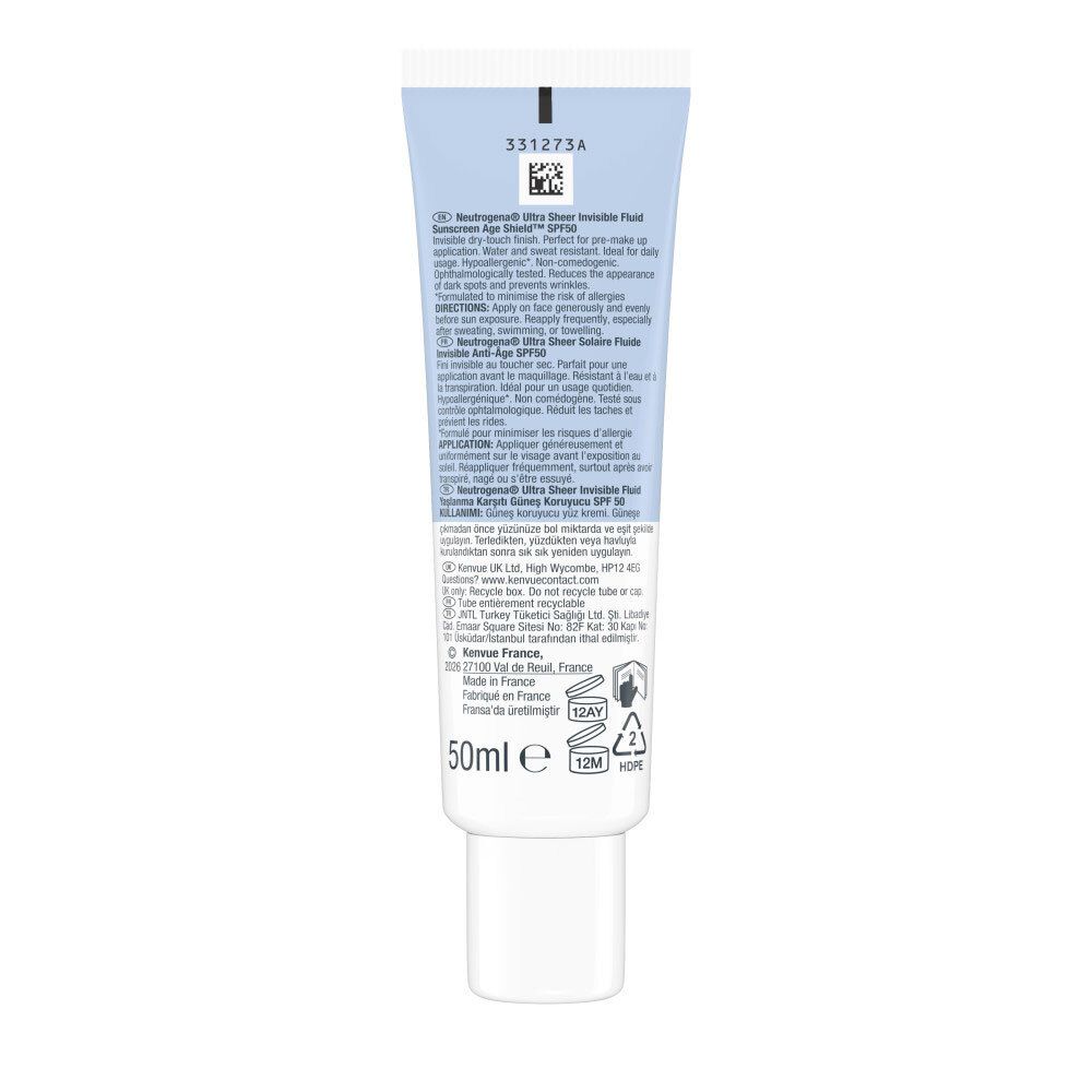 Dos du tube Neutrogena Ultra Sheer Solaire Fluide Invisible Anti-Âge SPF50. Texte multilingue.