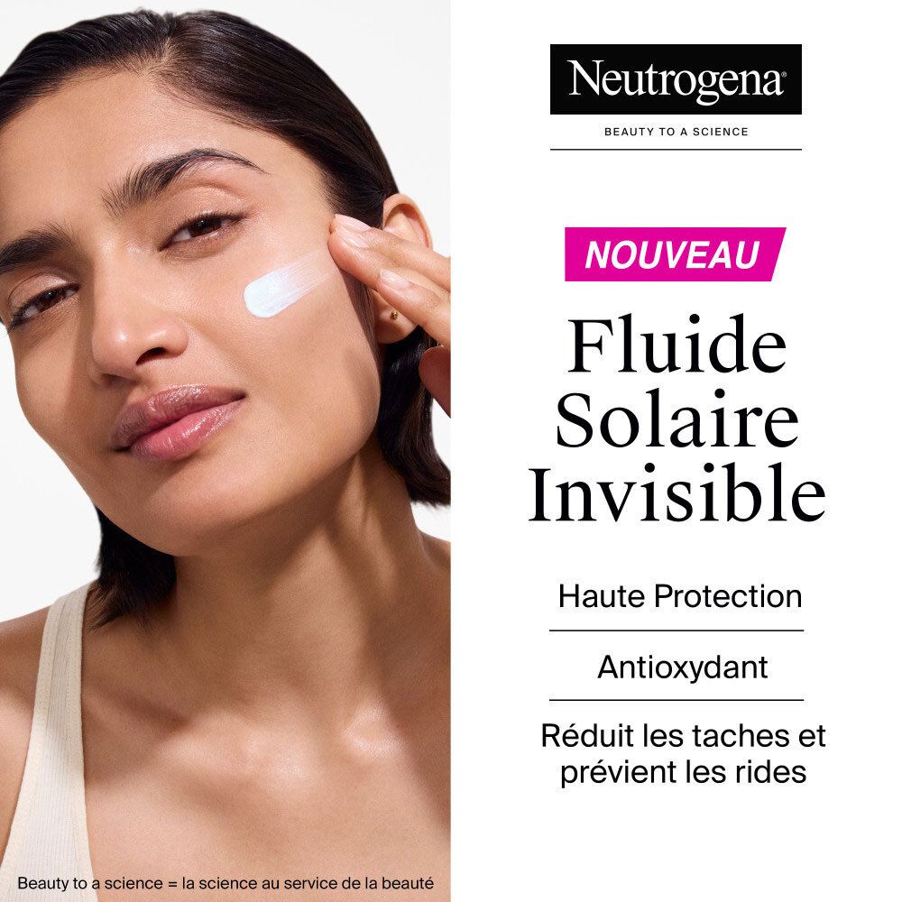 Femme appliquant de la crème solaire. Texte: Fluiide Solaire Invisible, Haute Protection, Antioxydant. Logo Neutrogena.