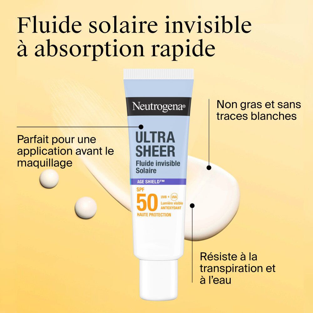 Neutrogena Ultra Sheer Solaire Fluide Invisible SPF50. Texte: Non gras et sans traces blanches. Résiste à l'eau.