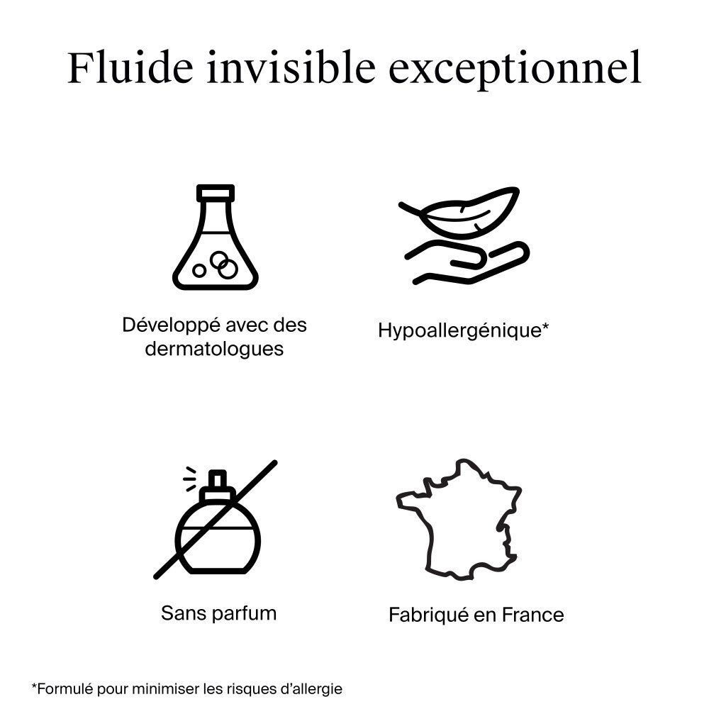 Symboles: Développé avec des dermatologues, hypoallergénique, sans parfum, fabriqué en France.