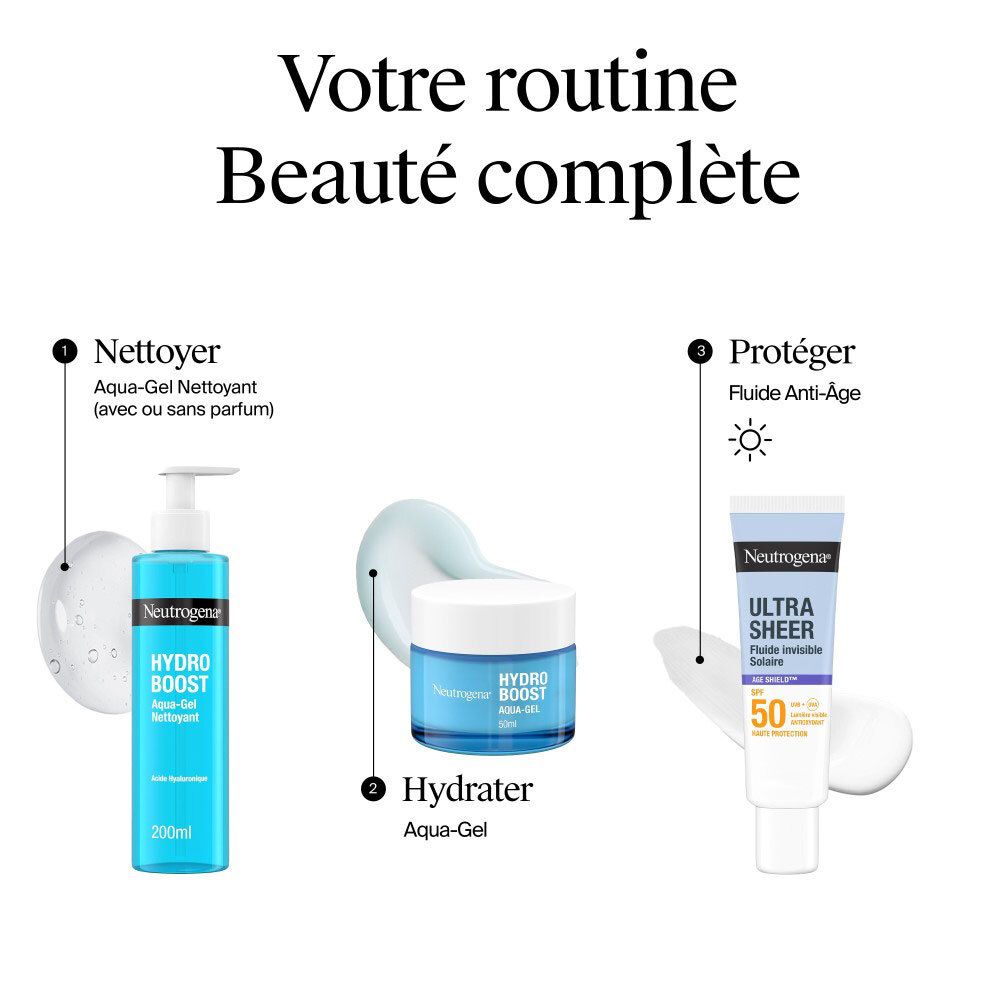 Trois produits: Aqua-Gel, Hydro Boost, Fluide Anti-Age SPF50. Neutrogena. Routine beauté complète.