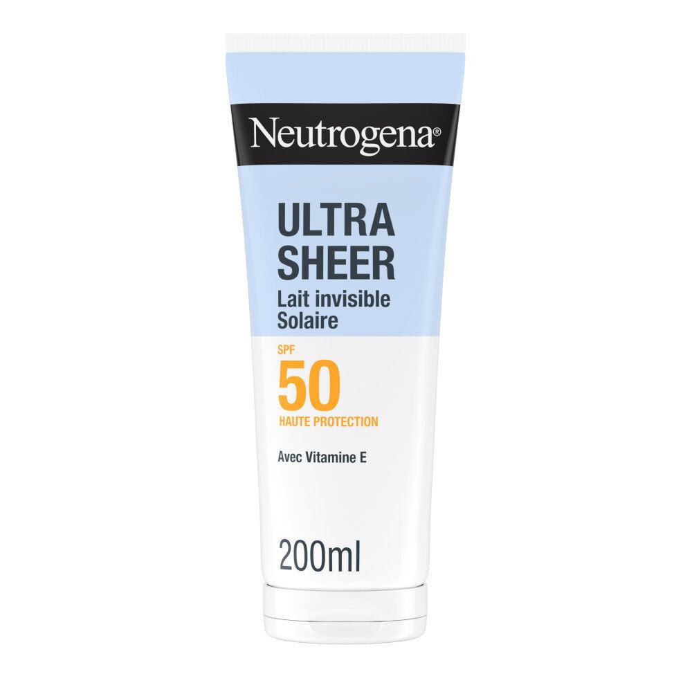 Tube Neutrogena Ultra Sheer Lait Corps Hydratant Invisible SPF50. Blanc et bleu. Inscription noire.