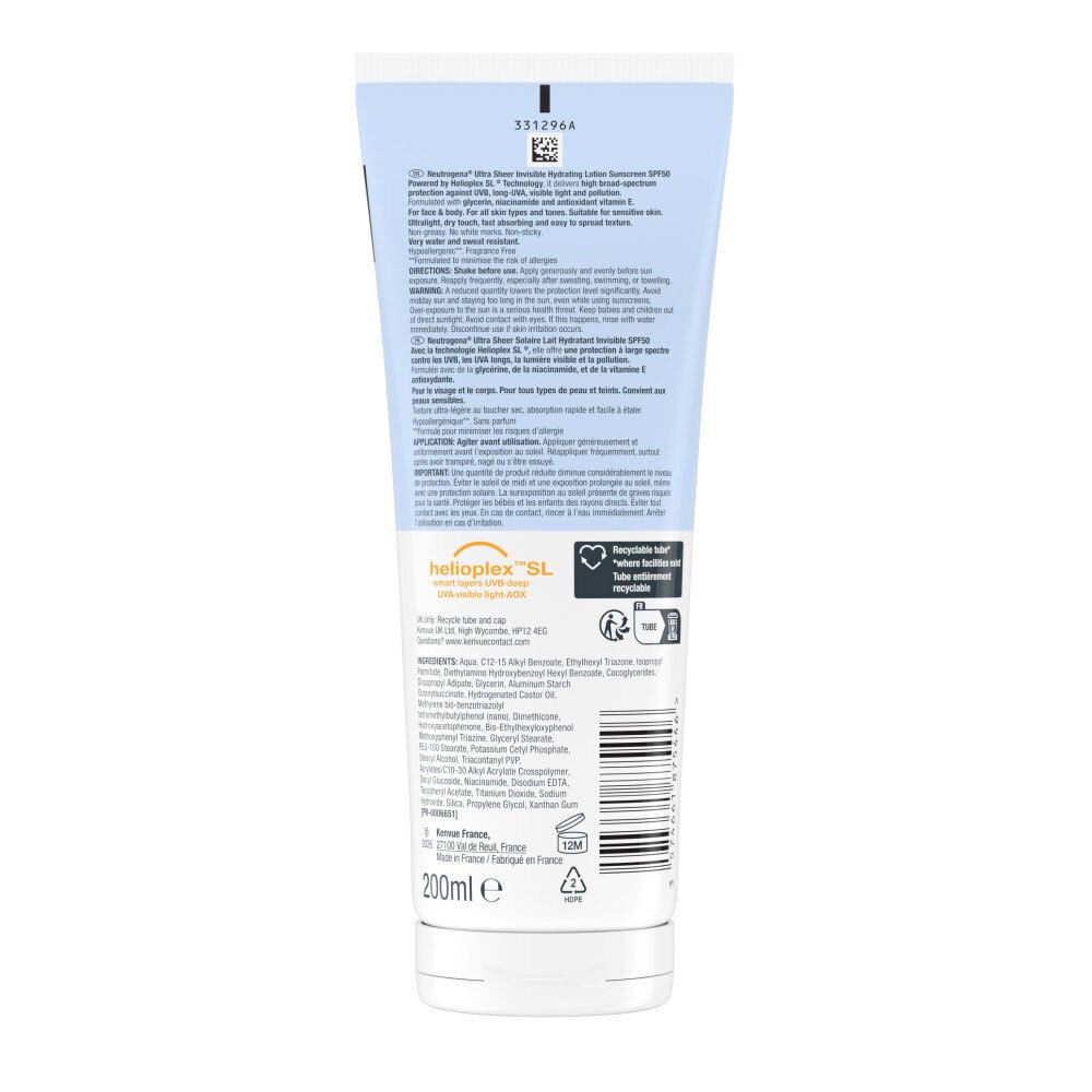 Dos du tube Neutrogena Ultra Sheer Lait Corps Hydratant Invisible SPF50. Texte et informations.