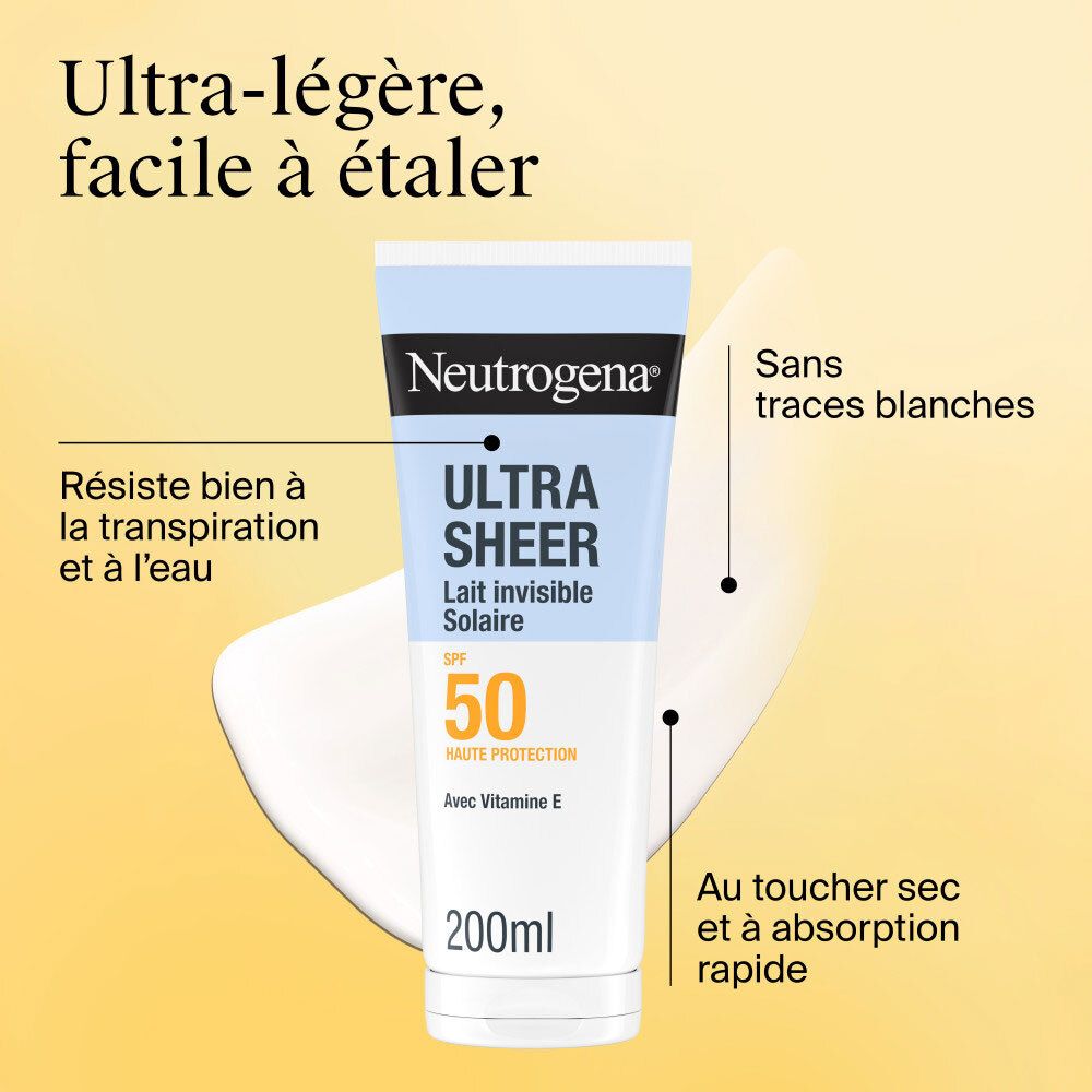 Neutrogena Ultra Sheer Lait Corps Hydratant Invisible SPF50. Texte: Ultra-légère, facile à étaler. SPF 50.