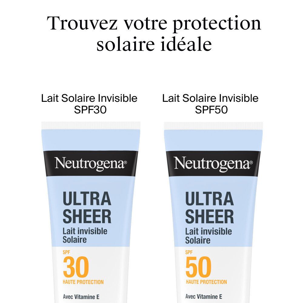 Comparaison de deux produits Neutrogena Ultra Sheer Lait Solaire Invisible. SPF 30 et SPF 50.