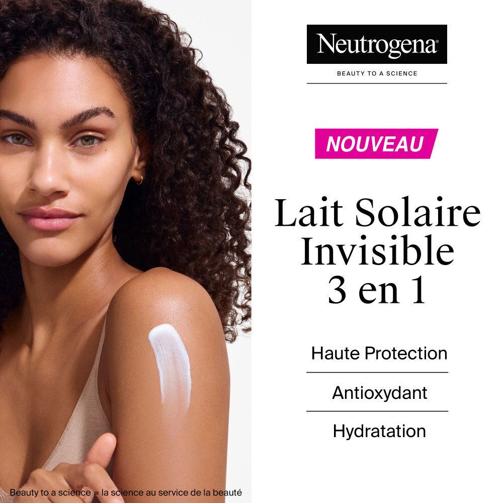 Femme appliquant une crème solaire. Logo Neutrogena et texte: Lait Solaire Invisible 3 en 1.