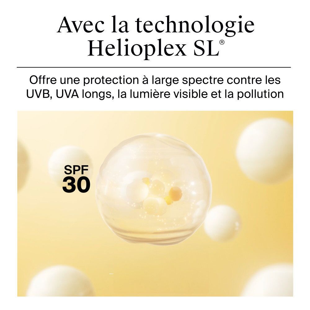 Illustration de molécules avec SPF30. Texte: Avec la technologie Helioplex SL.