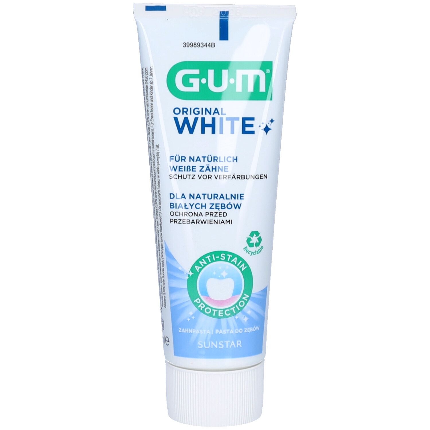Tube de dentifrice GUM Original White. Blanc, logo vert et texte. Protection anti-taches. Sunstar.