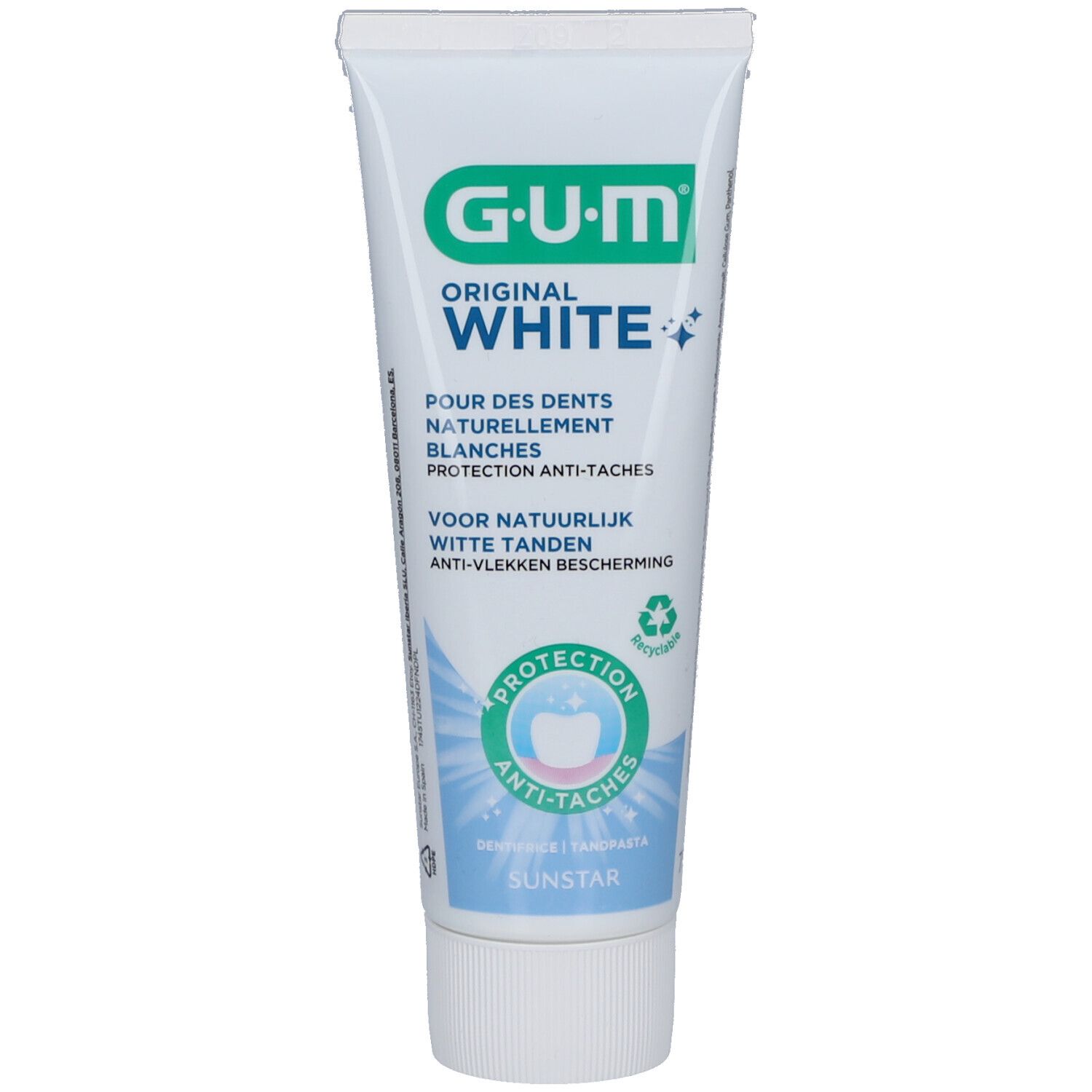 Tube de dentifrice GUM Original White. Blanc, logo vert et texte. Protection anti-taches. Sunstar.