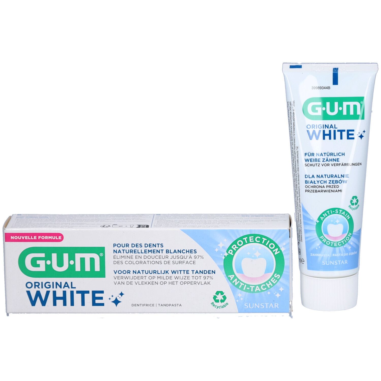 Tube et boîte de dentifrice GUM Original White. Blanc, vert. Protection anti-taches. Sunstar. Nouvelle formule.
