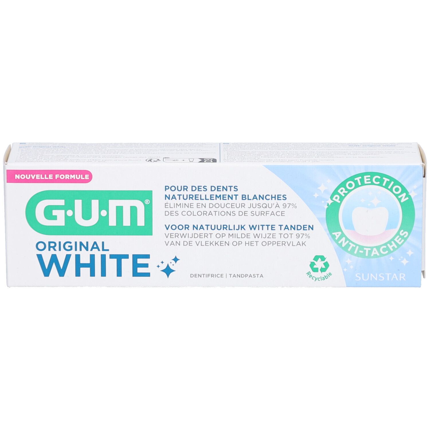 Boîte GUM Original White. Blanc, vert. Protection anti-taches. Sunstar. Nouvelle formule. Texte multilingue.