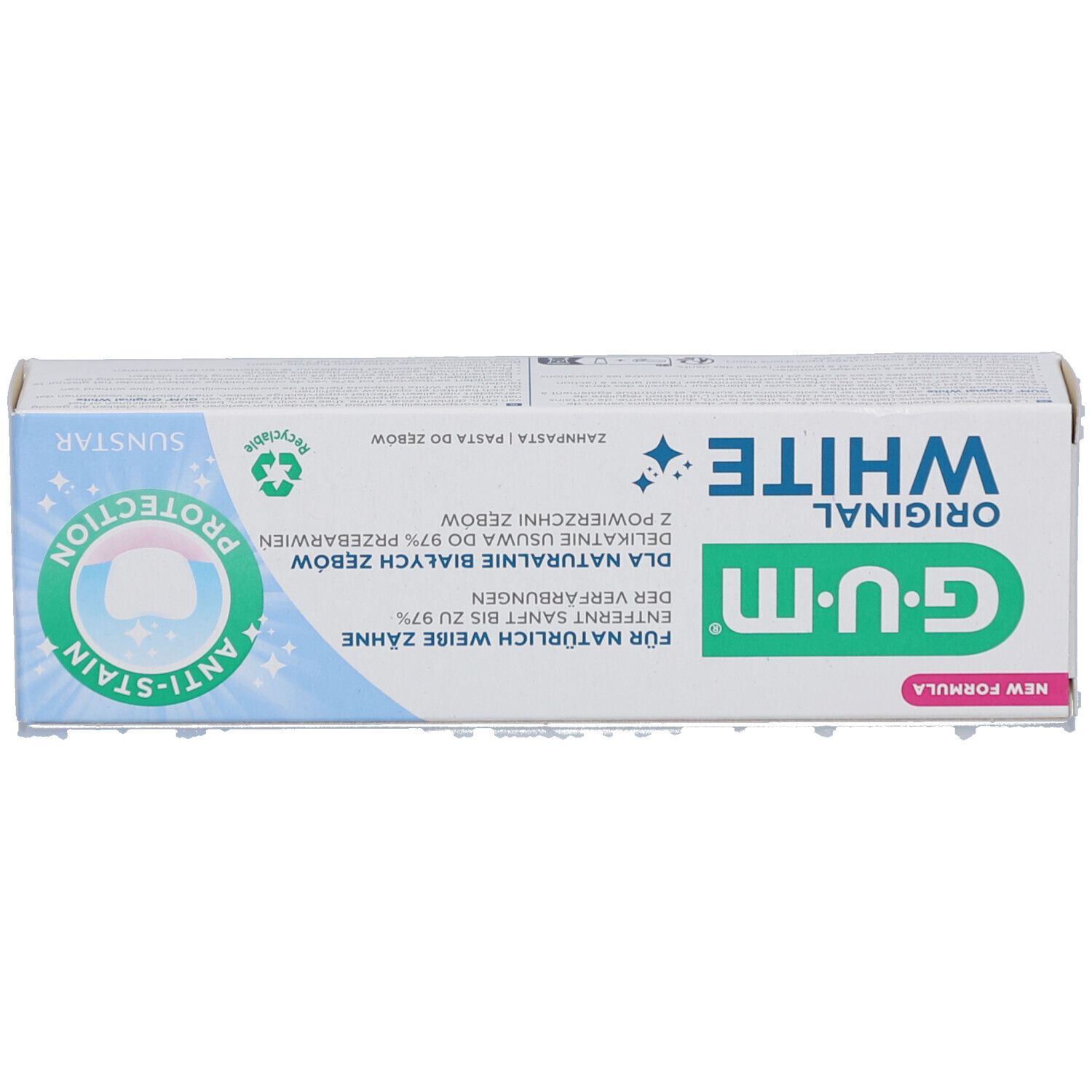 Boîte GUM Original White. Blanc, vert. Protection anti-taches. Sunstar. Texte multilingue.