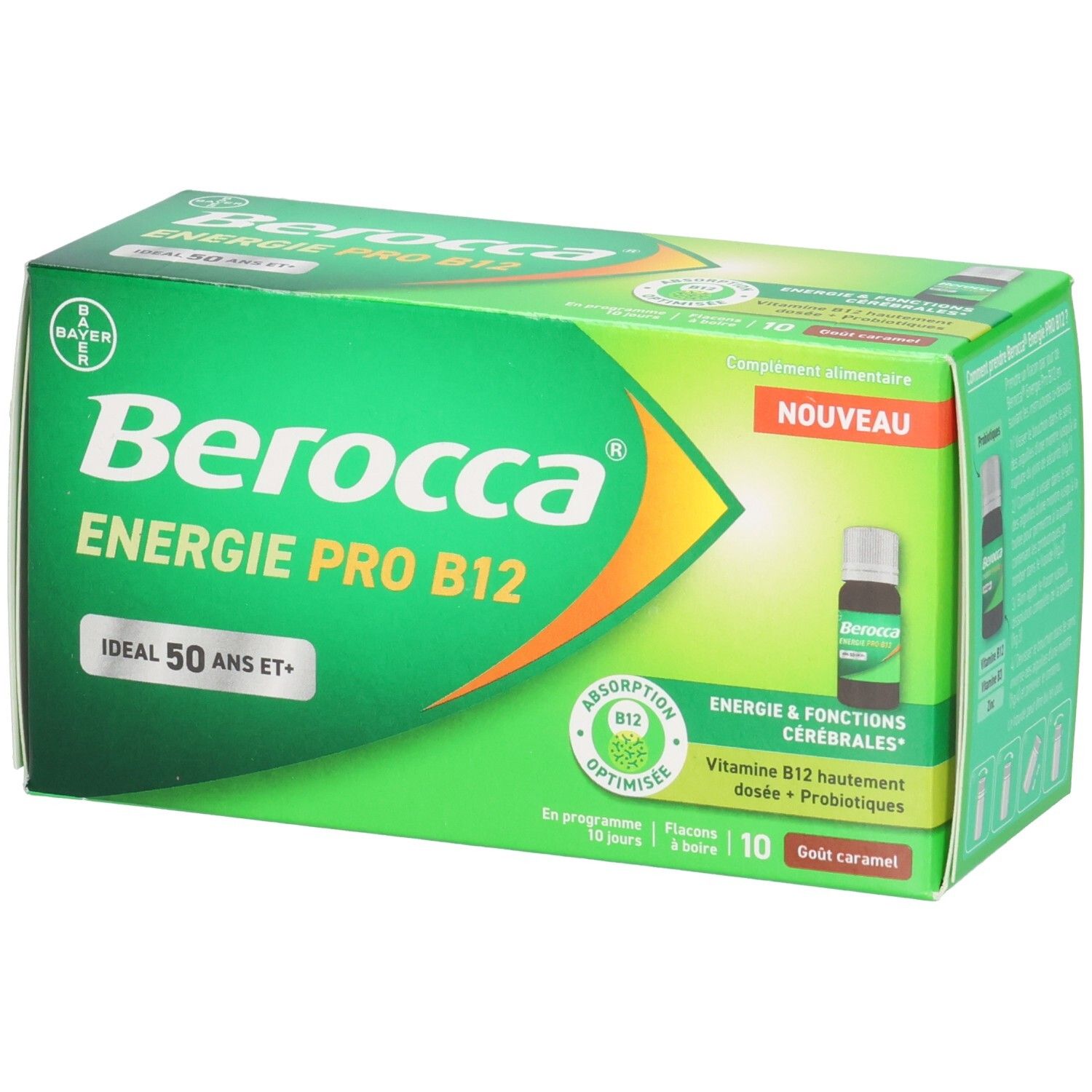 Boîte verte "Berocca Energie Pro B12". Contient 10 flacons. Inscription "Ideal 50 ans et+".