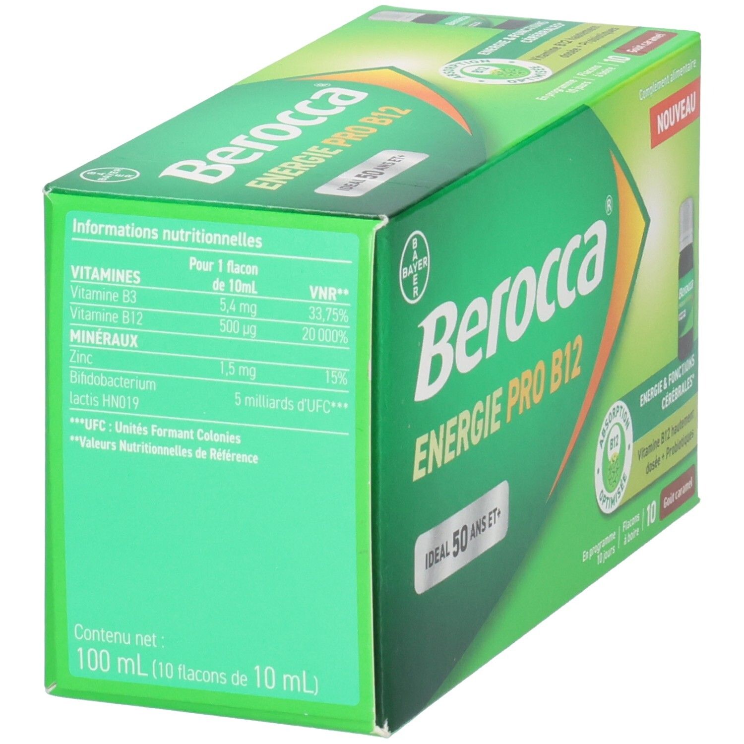 Boîte verte "Berocca Energie Pro B12". Contient des informations nutritionnelles. Inscription: "100 ml (10 flacons de 10 ml)".