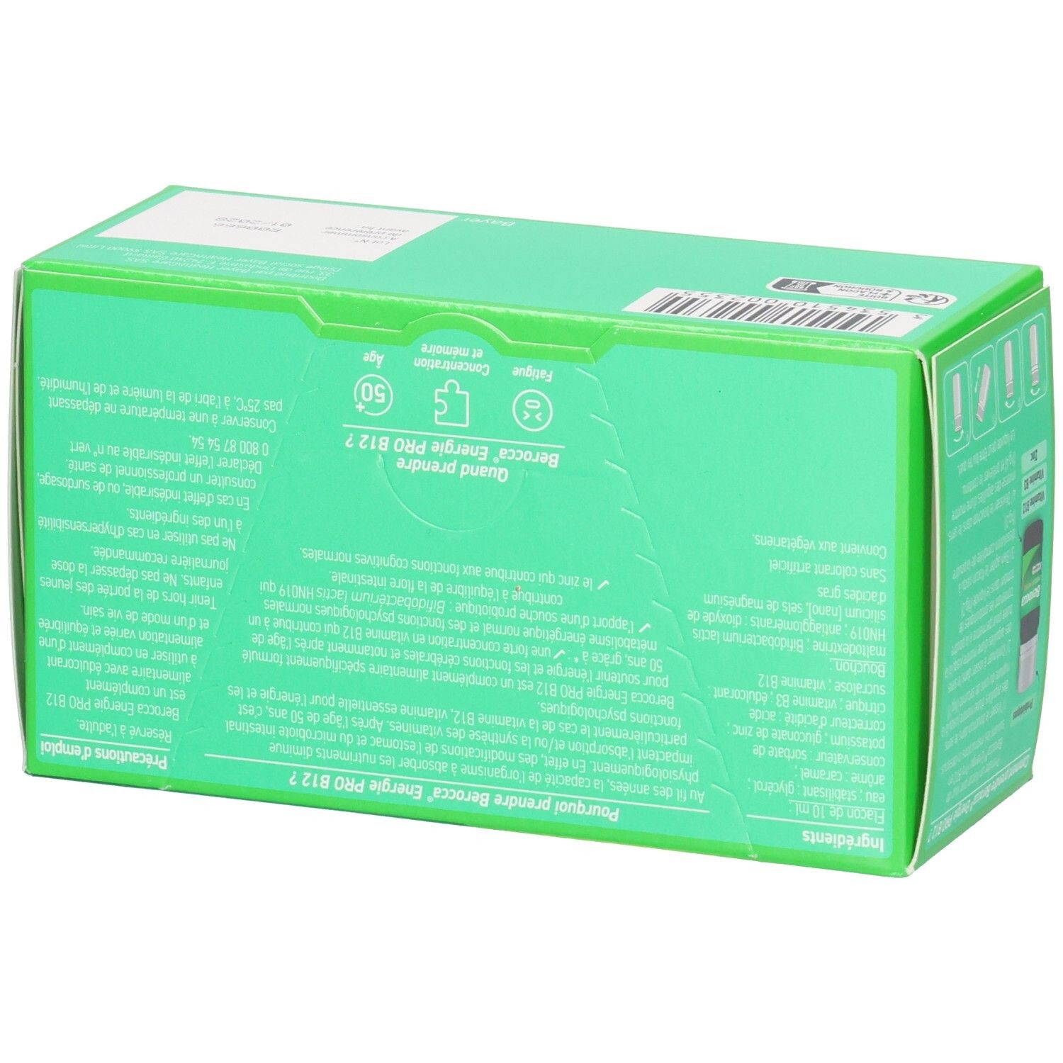 Boîte verte avec texte. Arrière avec informations. Inscription: "Berocca Energie Pro B12".