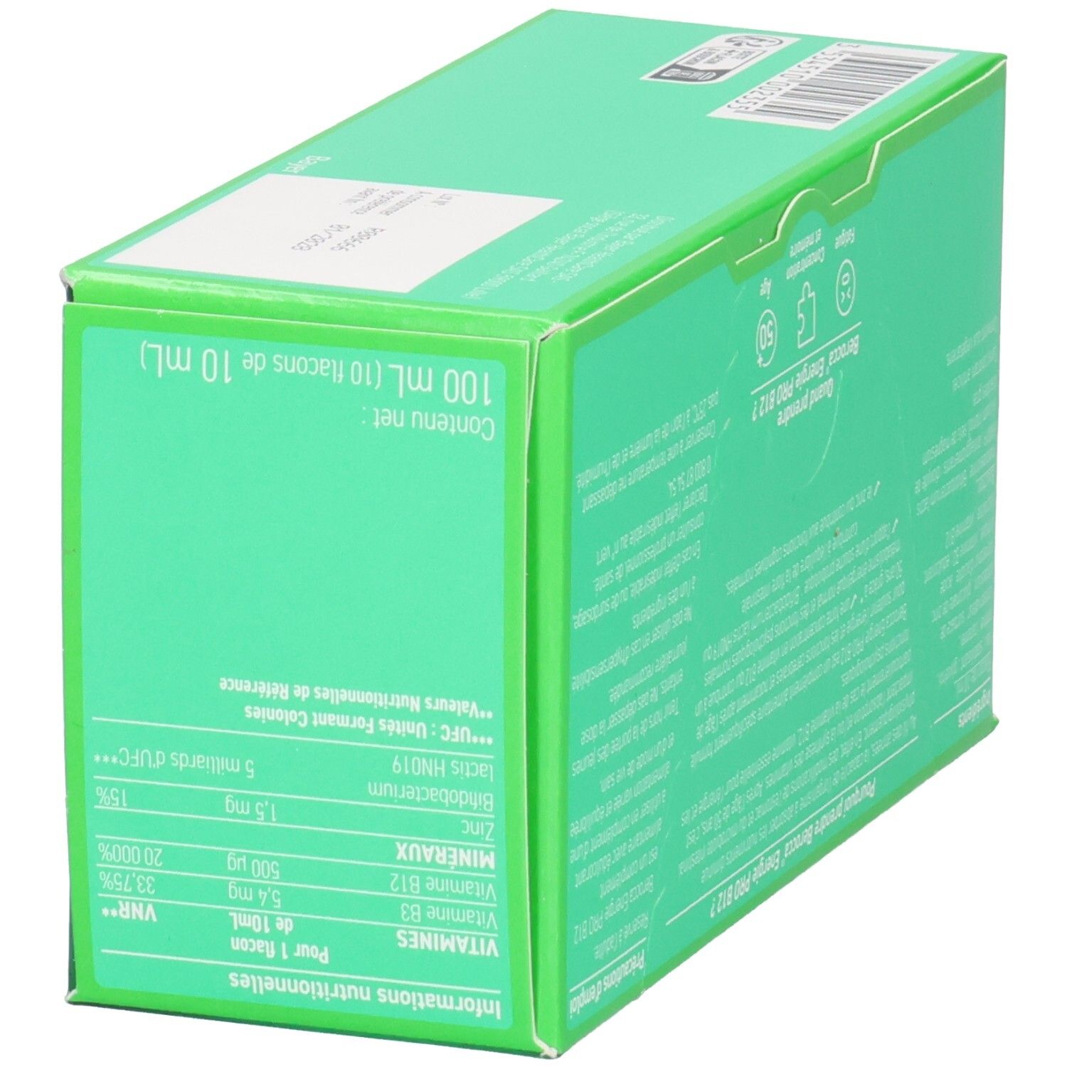 Boîte verte avec informations nutritionnelles. Inscription: "Berocca Energie Pro B12". Contenu: 100 ml (10 flacons de 10 ml).