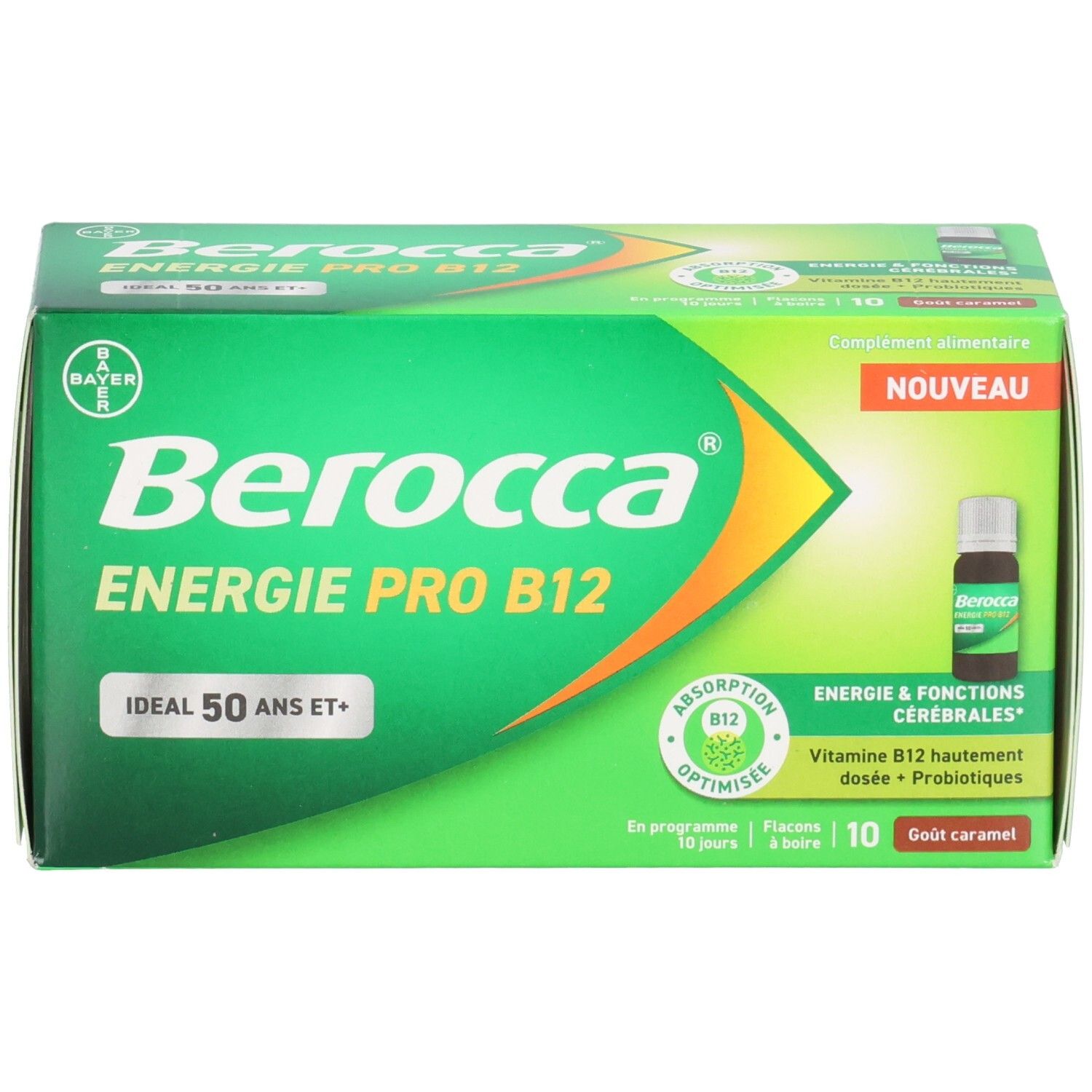 Boîte verte "Berocca Energie Pro B12". Inscription: "Ideal 50 ans et+". Contient 10 flacons.