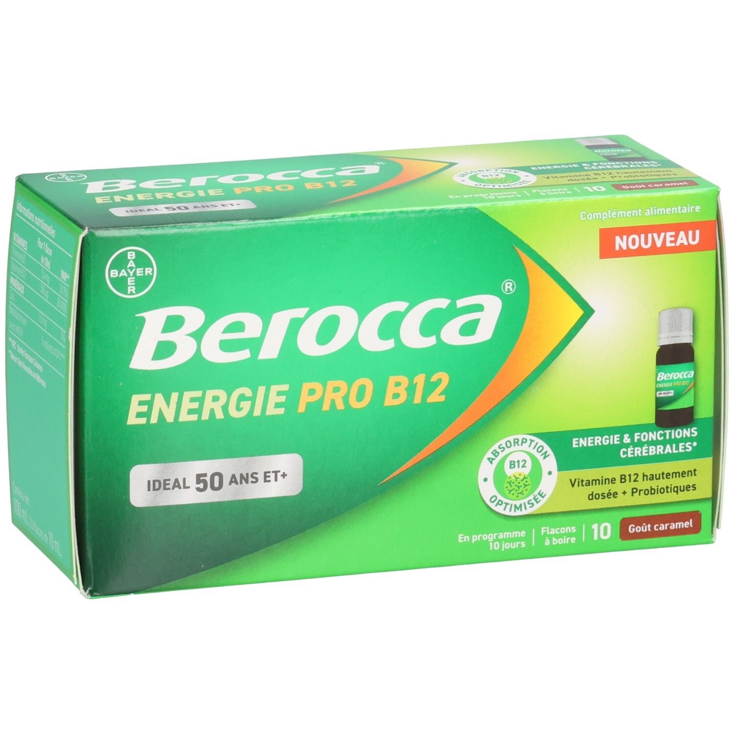 Boîte verte "Berocca Energie Pro B12". Inscription: "Ideal 50 ans et+". Contient 10 flacons.