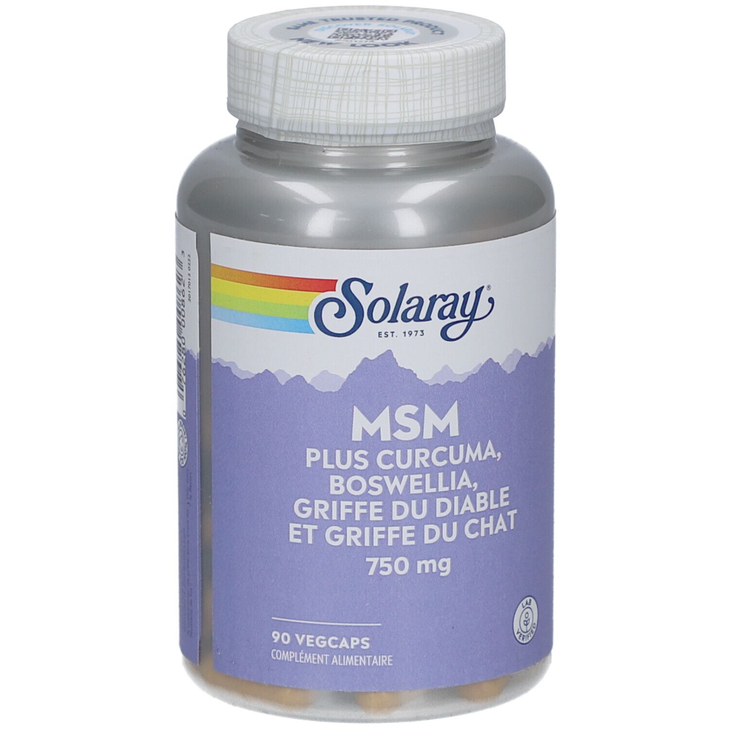 Flacon Solaray MSM 750 mg. Inscription: MSM, Plus Curcuma, Boswellia, Griffe du Diable et Griffe du Chat. 90 Végécaps.