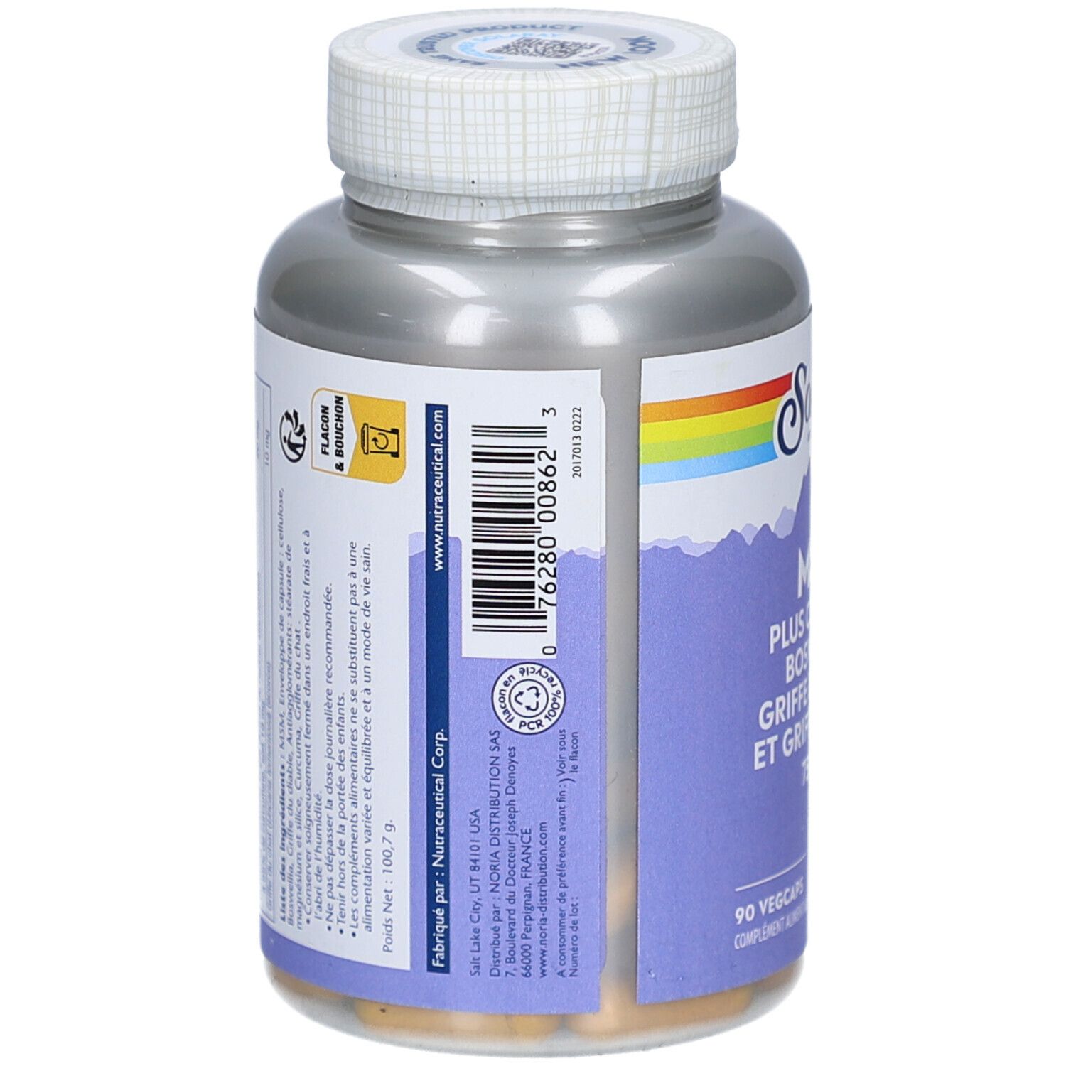 Dos du flacon Solaray MSM. Code-barres et informations Nutraceutical Corp. Flacon & Bouchon.