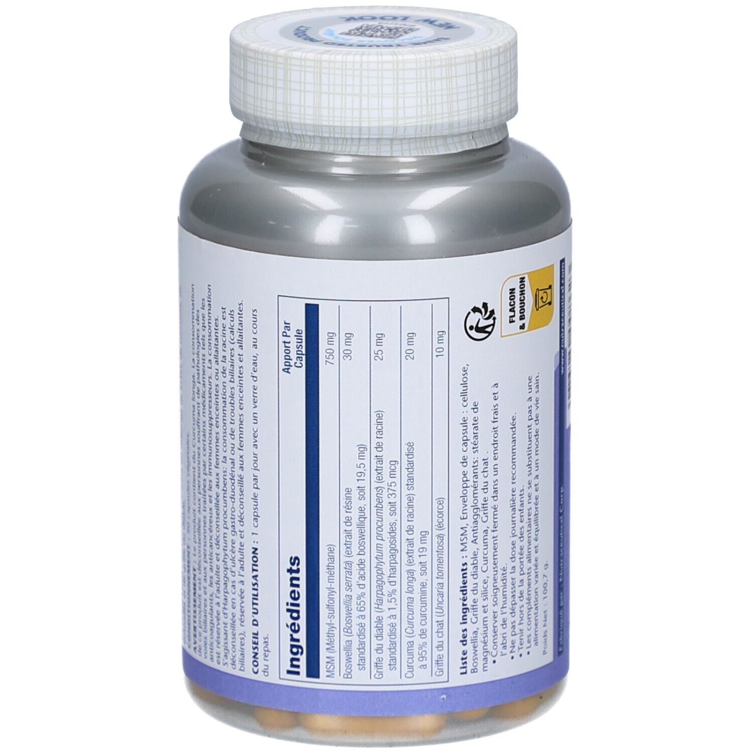 Dos du flacon Solaray MSM. Liste des ingrédients et informations nutritionnelles par capsule.