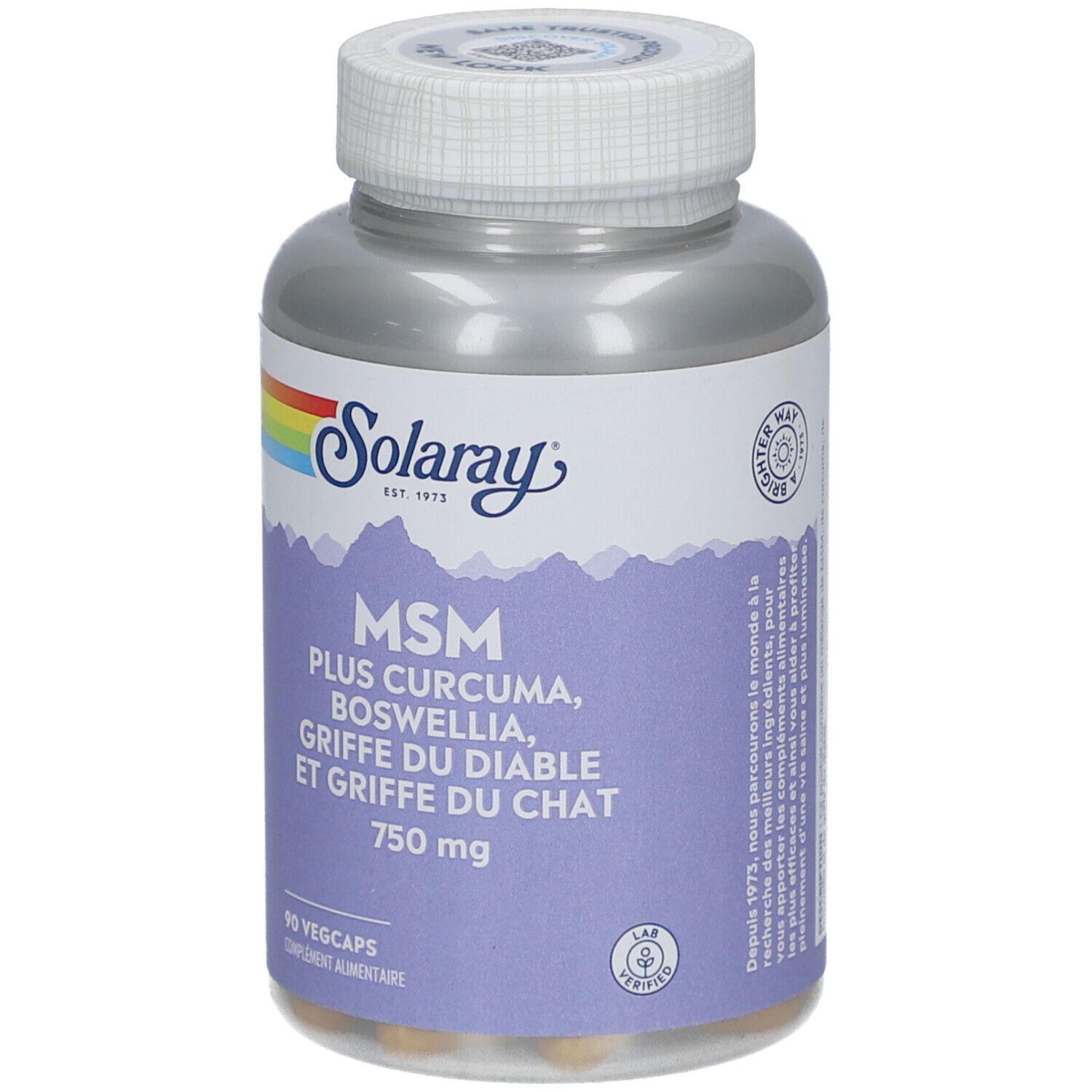 Flacon Solaray MSM 750 mg. Inscription: MSM, Plus Curcuma, Boswellia, Griffe du Diable et Griffe du Chat. 90 Végécaps. Lab Certified.