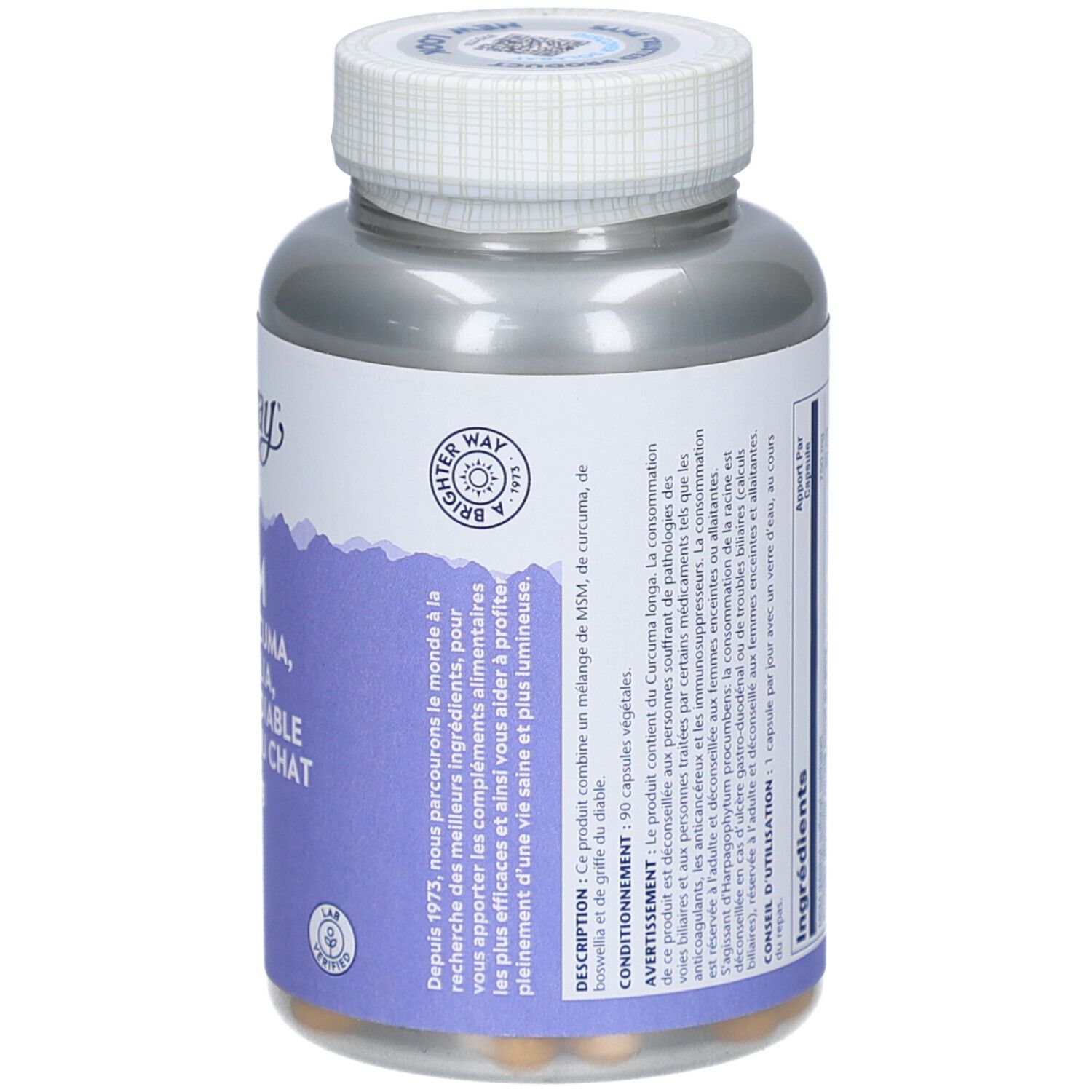 Dos du flacon Solaray MSM. Description, avertissements et ingrédients. Lab Certified.