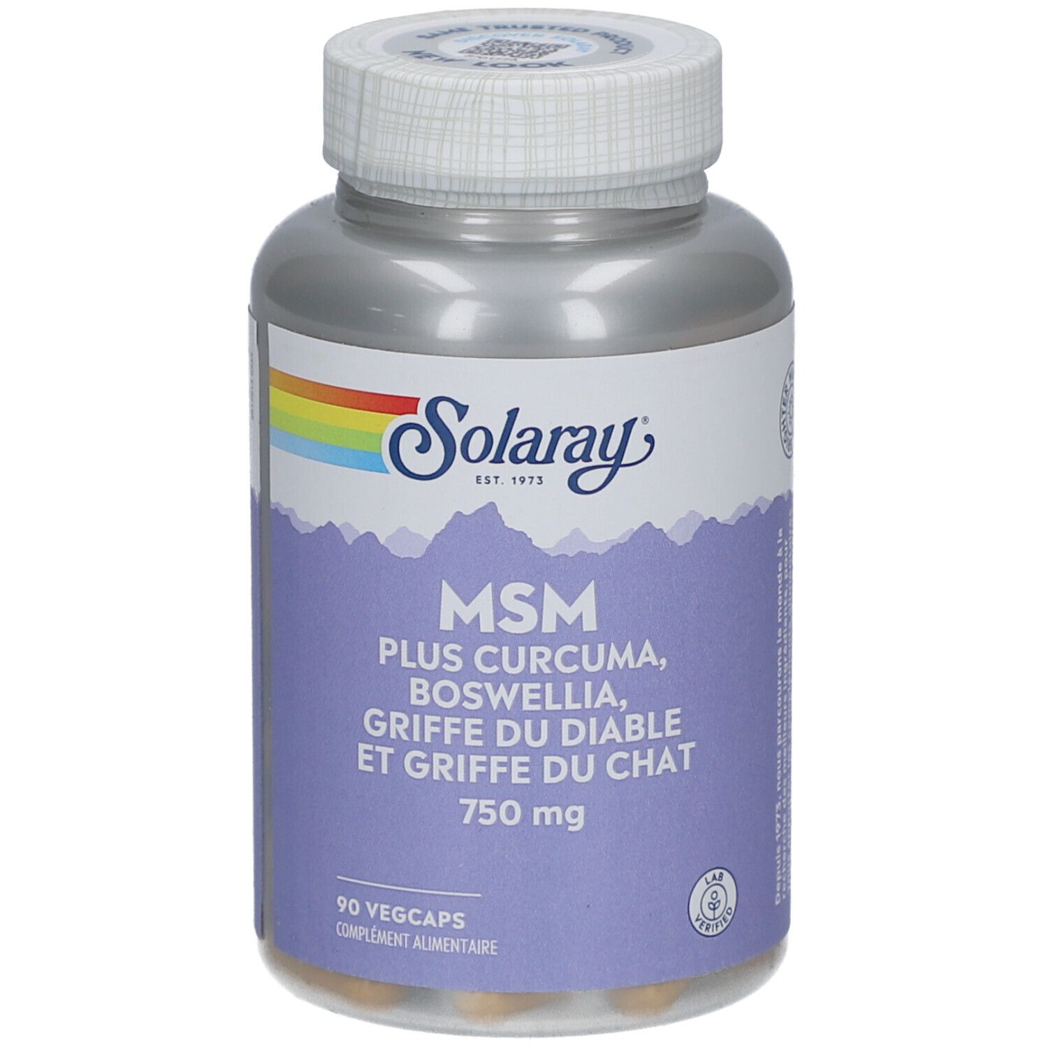 Flacon de Solaray MSM 750 mg. Inscription: MSM, Plus Curcuma, Boswellia, Griffe du Diable et Griffe du Chat. 90 Végécaps.