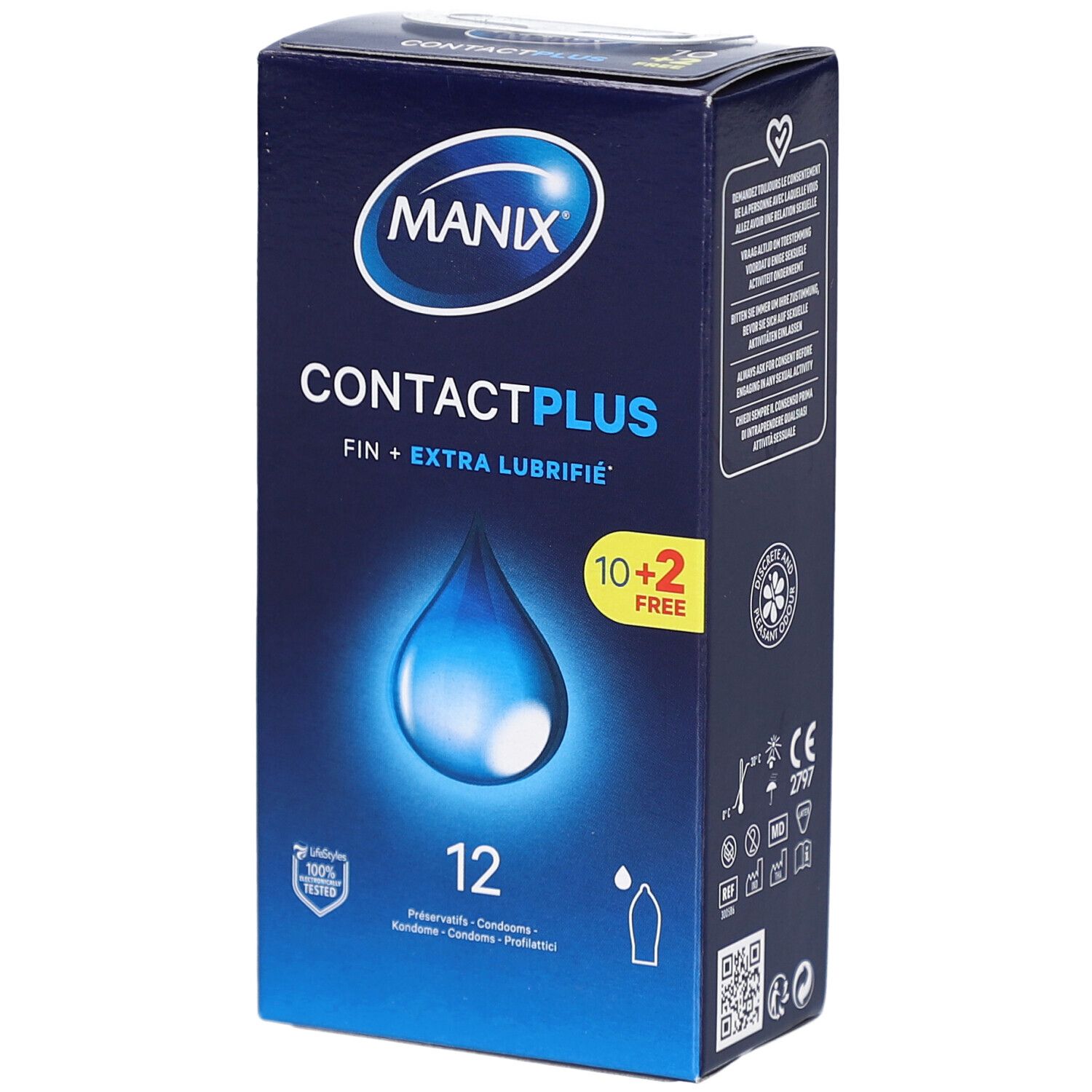 Boîte de préservatifs MANIX CONTACT PLUS. 12 préservatifs, 10+2 gratuits. Emballage bleu avec goutte d'eau. Fin + extra lubrifié.