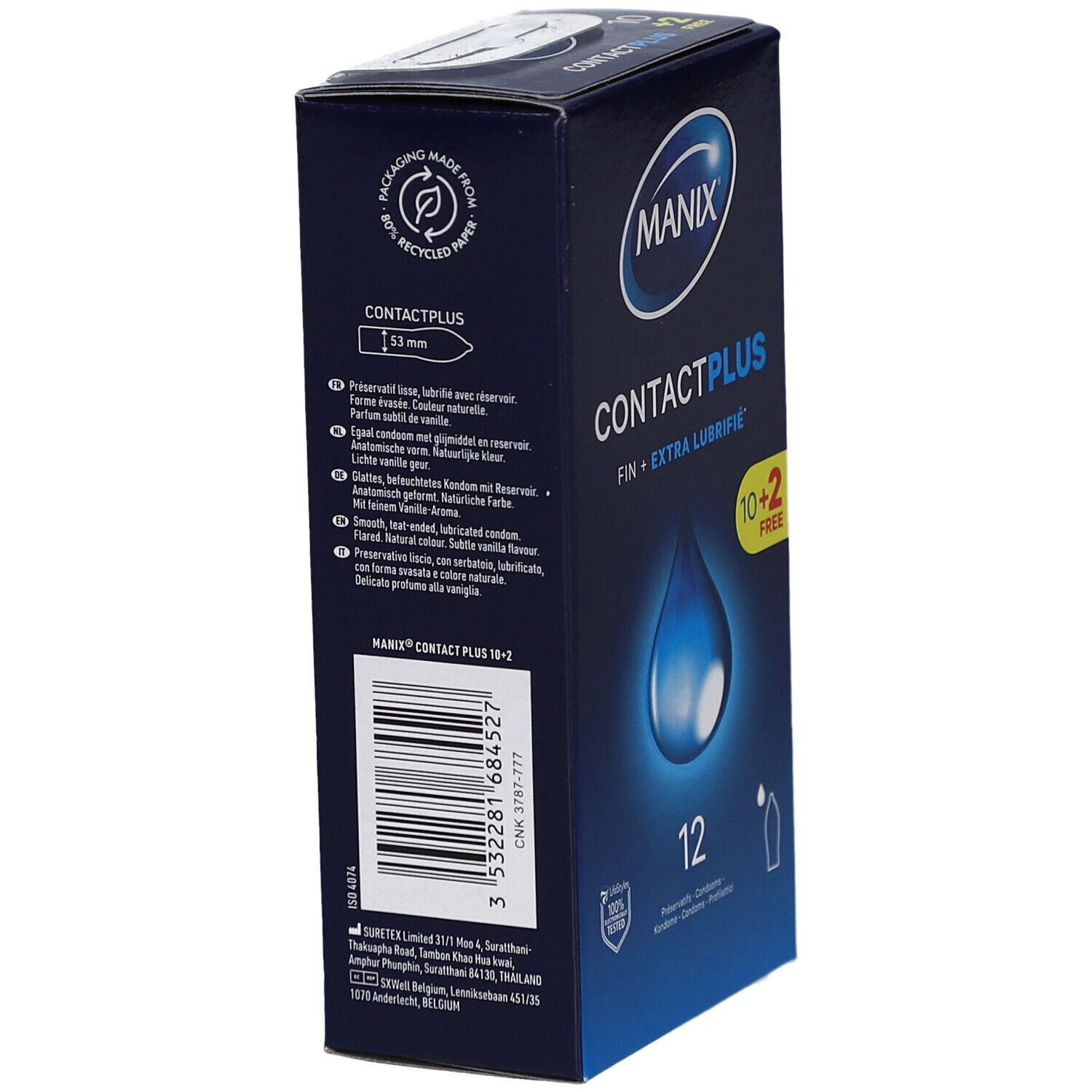 Vue latérale de la boîte de préservatifs MANIX CONTACT PLUS. Texte multilingue. Emballage en papier recyclé.