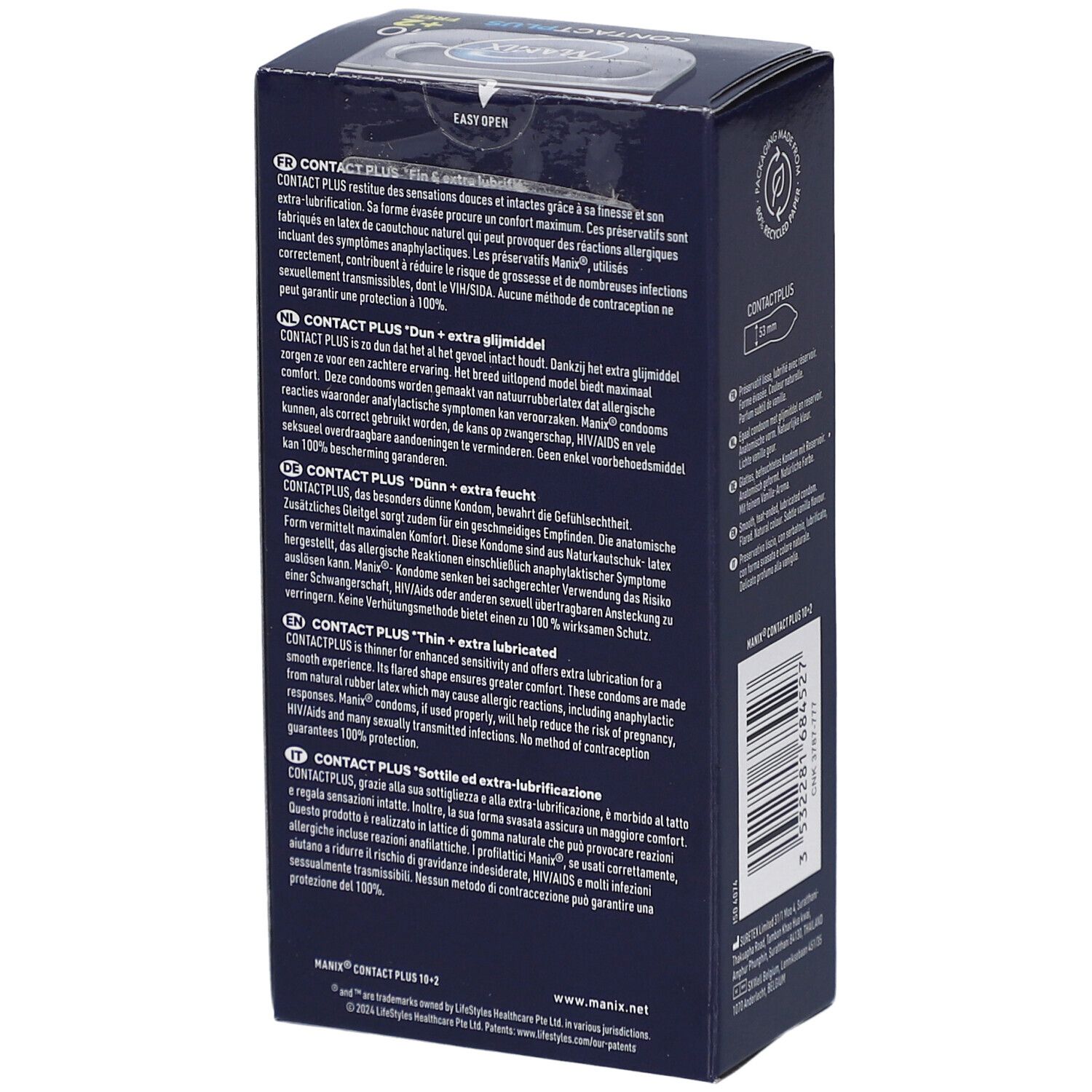 Dos de la boîte de préservatifs MANIX CONTACT PLUS. Texte multilingue. Informations sur l'utilisation et les ingrédients.