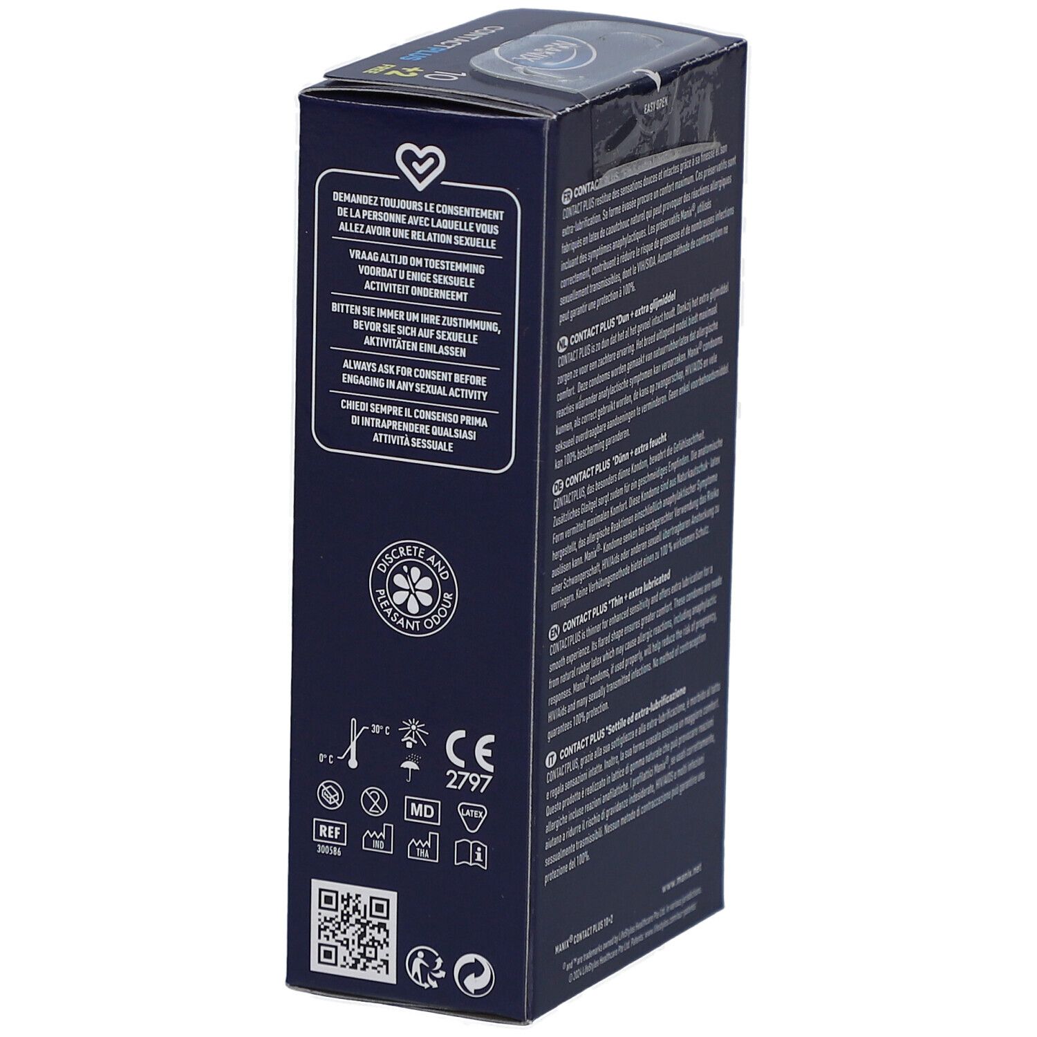 Côté de la boîte de préservatifs MANIX CONTACT PLUS. Pictogrammes et texte. Informations pour une utilisation sûre.