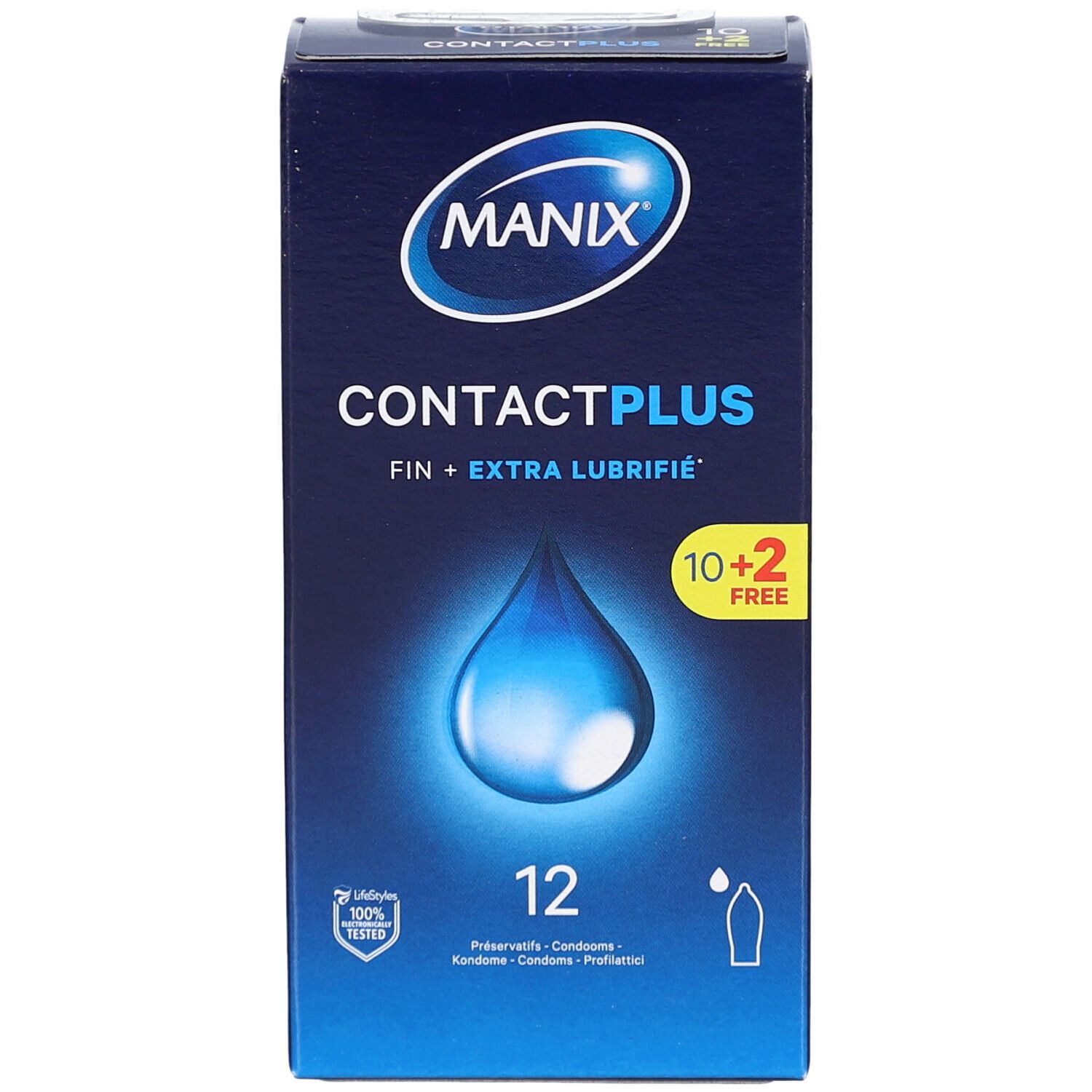 Face avant de la boîte de préservatifs MANIX CONTACT PLUS. Marque, nom du produit, 12 préservatifs, 10+2 gratuits. Bleu.