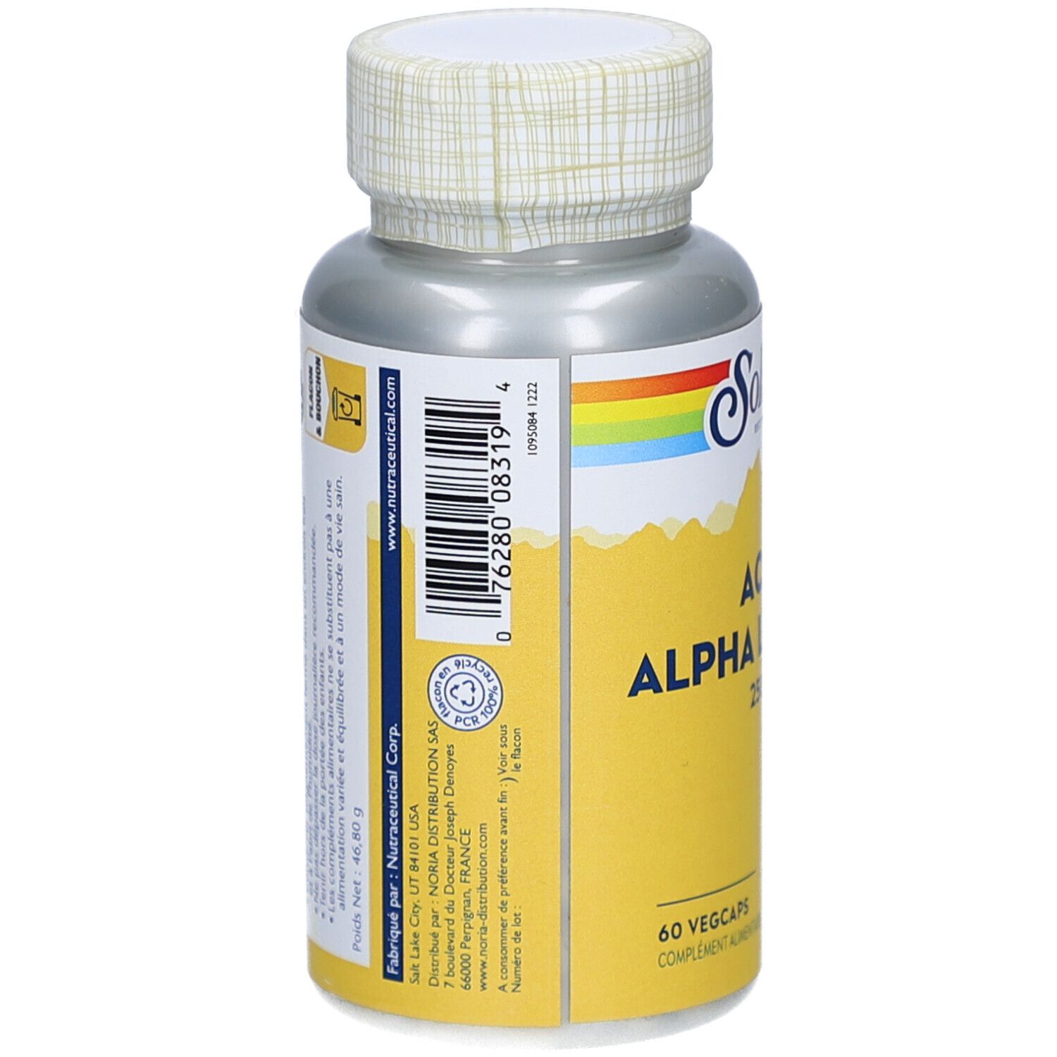 Dos du flacon de complément alimentaire. Code-barres et texte. Marque Solaray. Étiquette jaune avec ingrédients et informations.