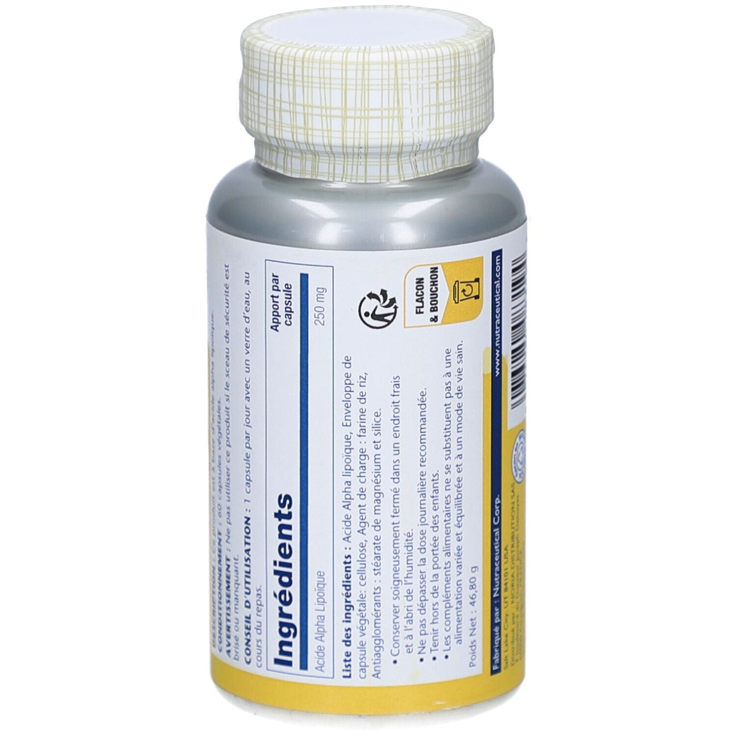 Dos du flacon de complément alimentaire. Étiquette jaune avec ingrédients et mode d'emploi. Marque Solaray.