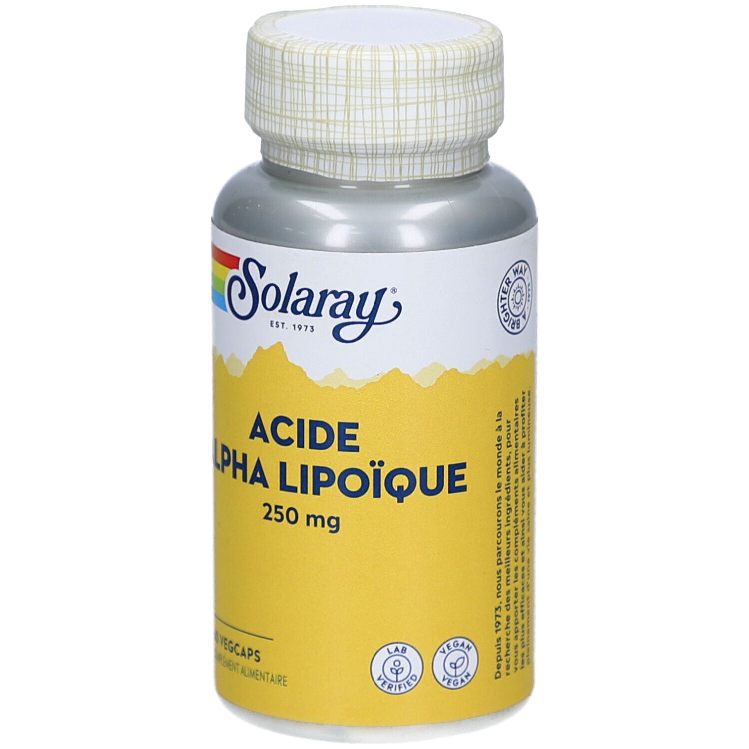 Flacon de complément alimentaire. Étiquette jaune avec texte: ACIDE ALPHA LIPOÏQUE, 250 mg. Marque Solaray, 60 Vegcaps.