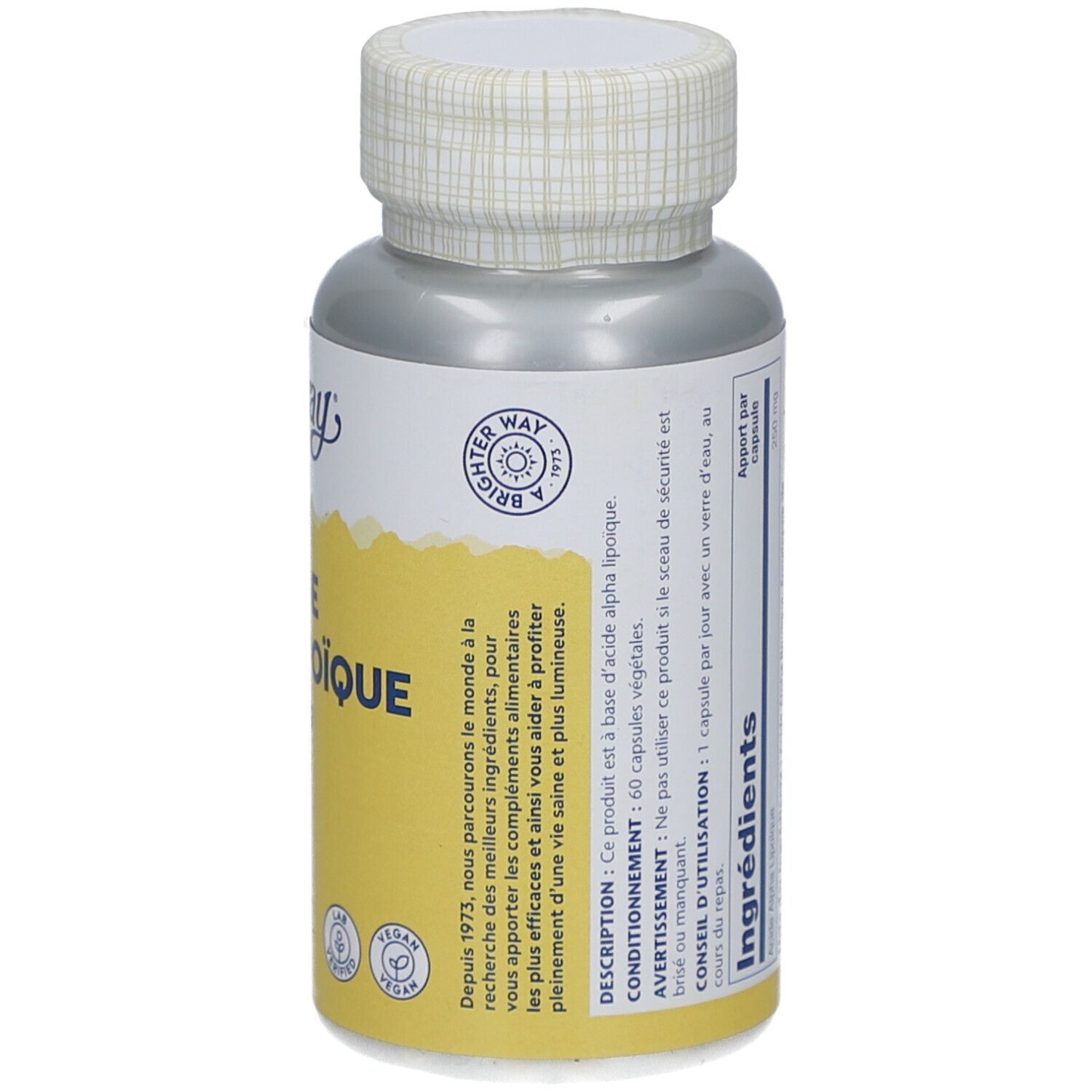 Dos du flacon de complément alimentaire. Étiquette jaune avec texte et ingrédients. Marque Solaray. Sceau végétalien.