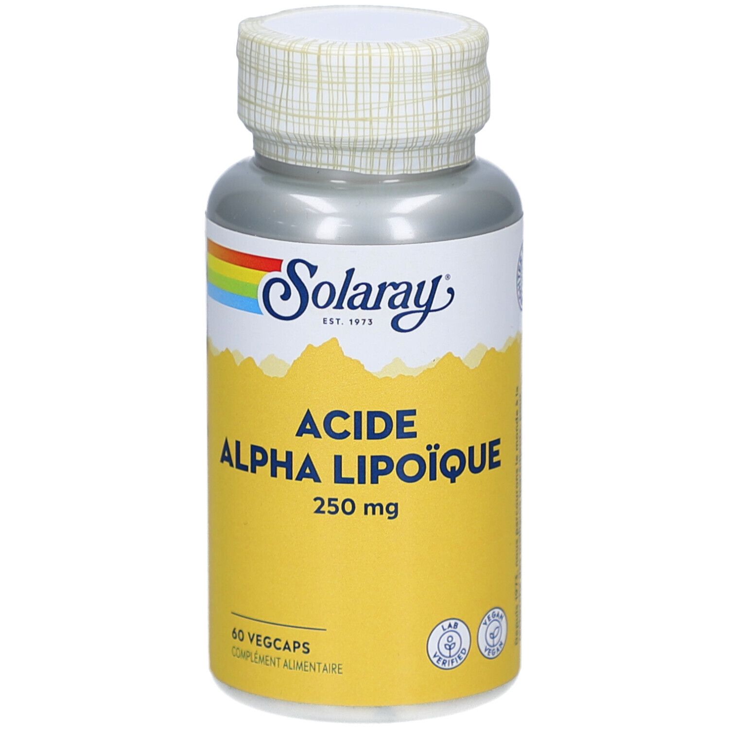 Flacon de complément alimentaire. Étiquette jaune avec texte: ACIDE ALPHA LIPOÏQUE, 250 mg. Marque Solaray, 60 Vegcaps.
