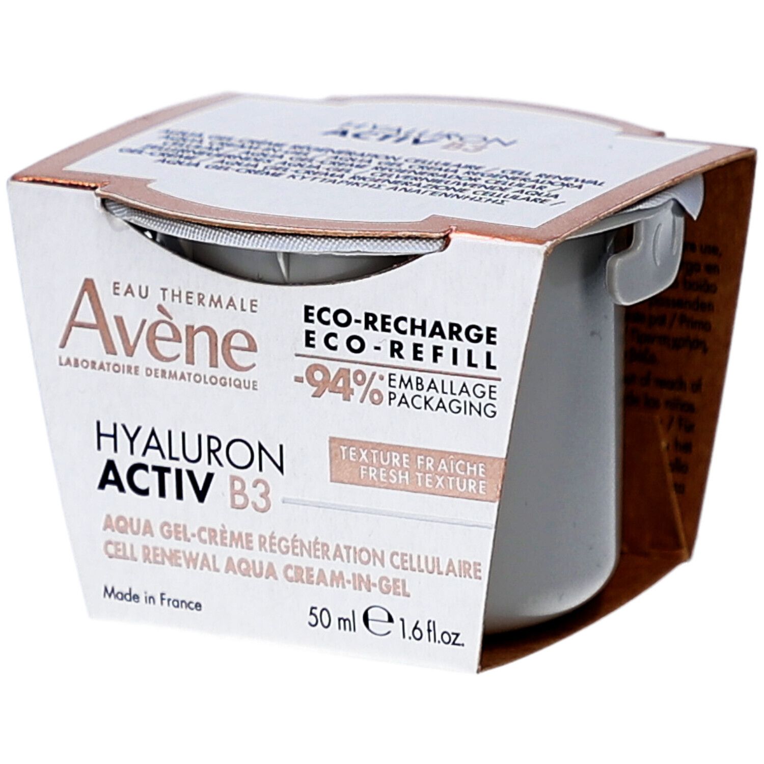 Avene Hyaluron Activ B3 Aqua Gel Crème. Crème grise en emballage carton. Texte et logo visibles.