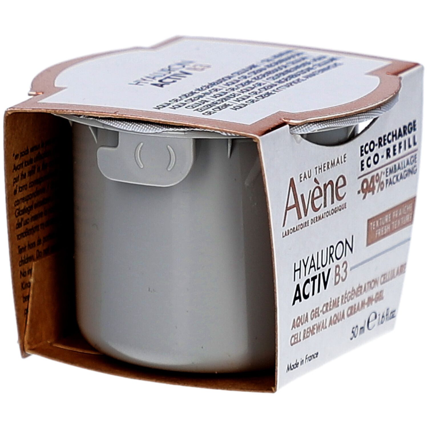 Avene Hyaluron Activ B3 Aqua Gel Crème. Crème grise en emballage carton. Vue de côté.