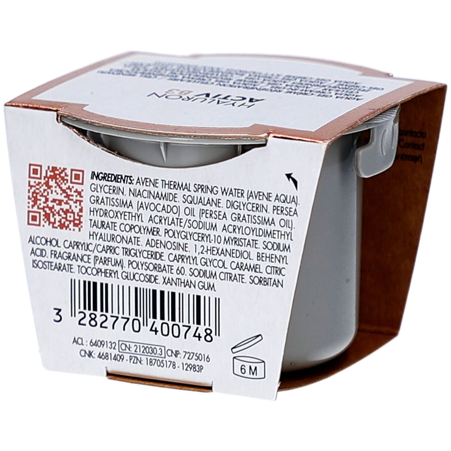 Avene Hyaluron Activ B3 Aqua Gel Crème. Dos de l'emballage avec ingrédients et code-barres.