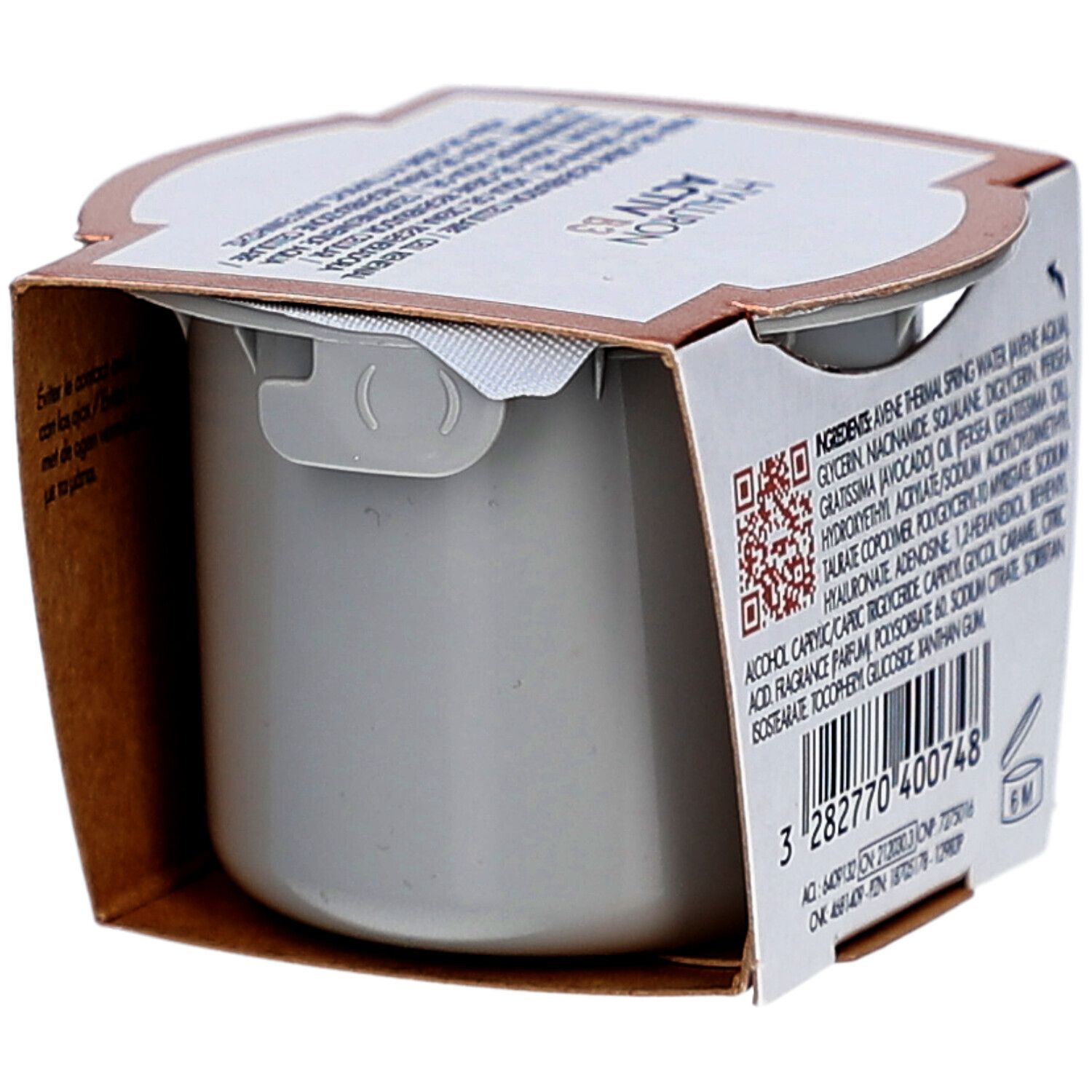 Avene Hyaluron Activ B3 Aqua Gel Crème. Dos de l'emballage avec ingrédients et code-barres.