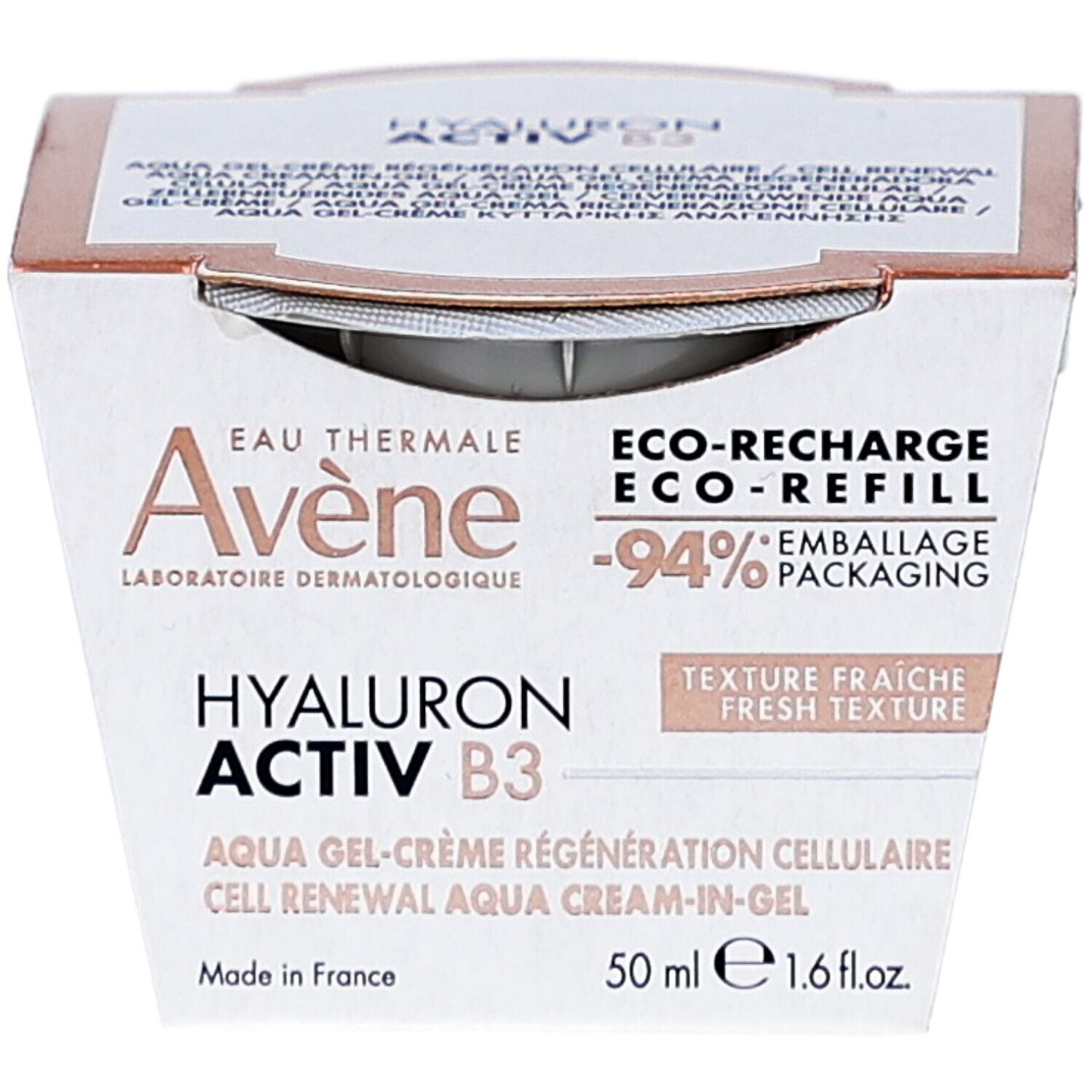 Avene Hyaluron Activ B3 Aqua Gel Crème. Crème grise en emballage carton. Texte et logo visibles.