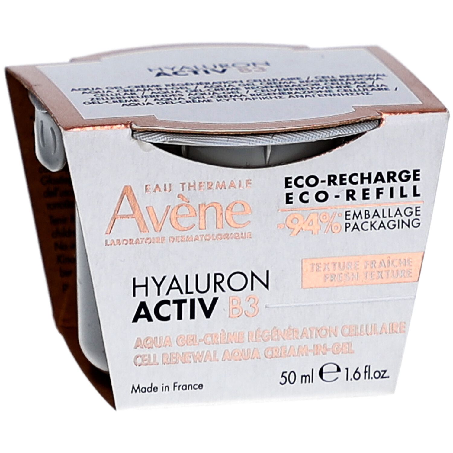 Avene Hyaluron Activ B3 Aqua Gel Crème. Crème grise en emballage carton. Texte et logo visibles.