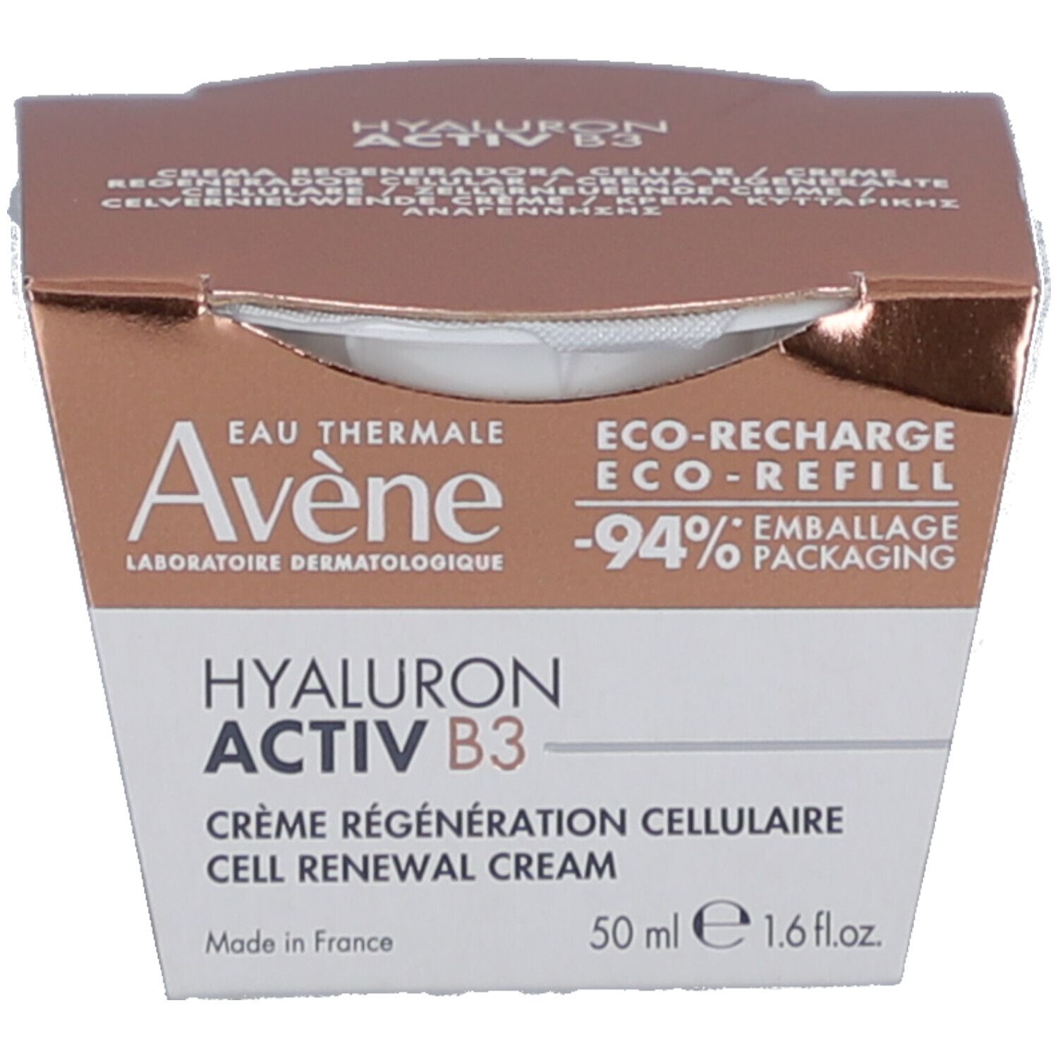 Boîte avec nom et détails du produit. Marque et nom du produit visibles. 50 ml.