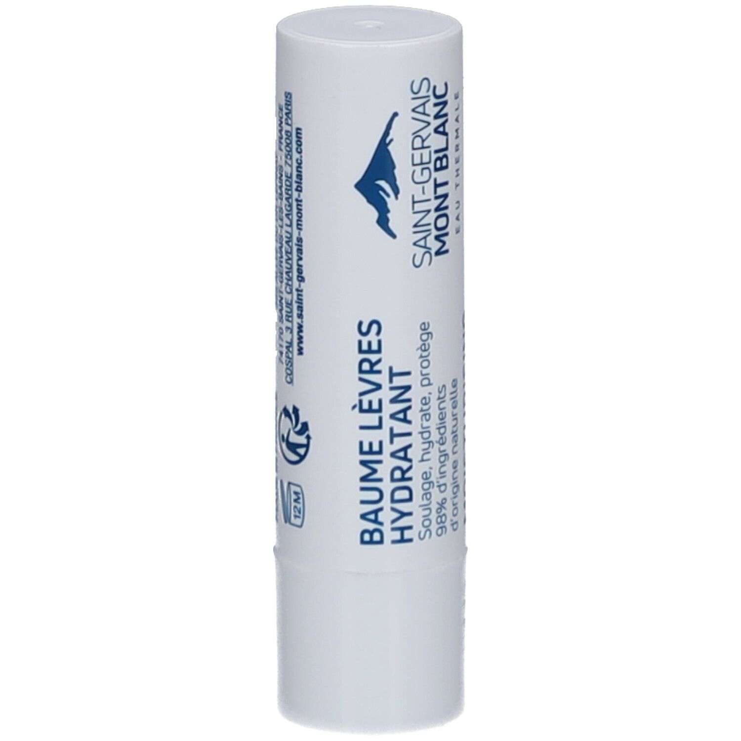 Bâton de baume à lèvres blanc. Inscription bleue : BAUME LEVRES HYDRATANT, SAINT-GERVAIS MONT BLANC. Texte : Soulage, hydrate, protège.