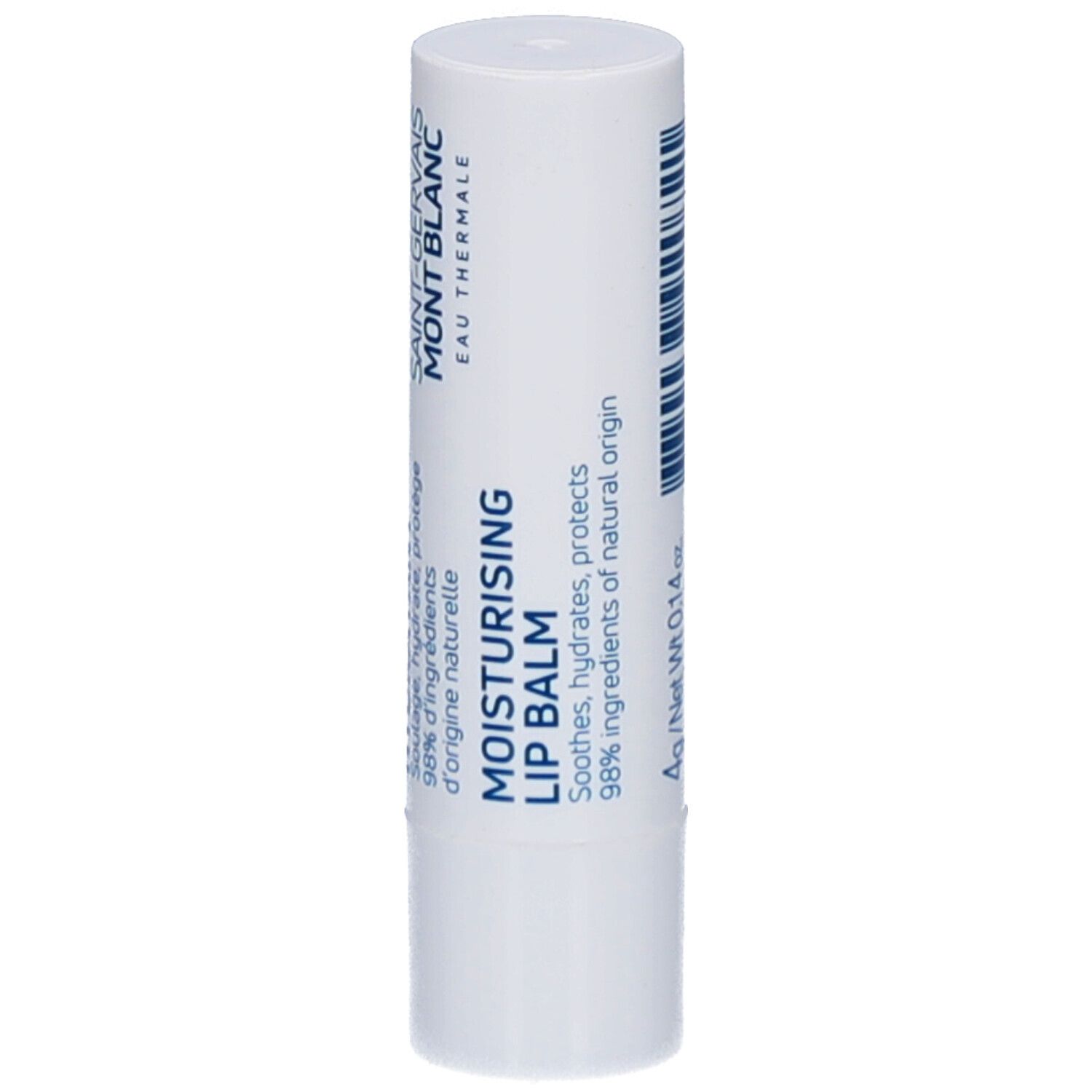 Bâton de baume à lèvres blanc. Inscription bleue : Moisturising Lip Balm. Texte : Soothes, hydrates, protects.