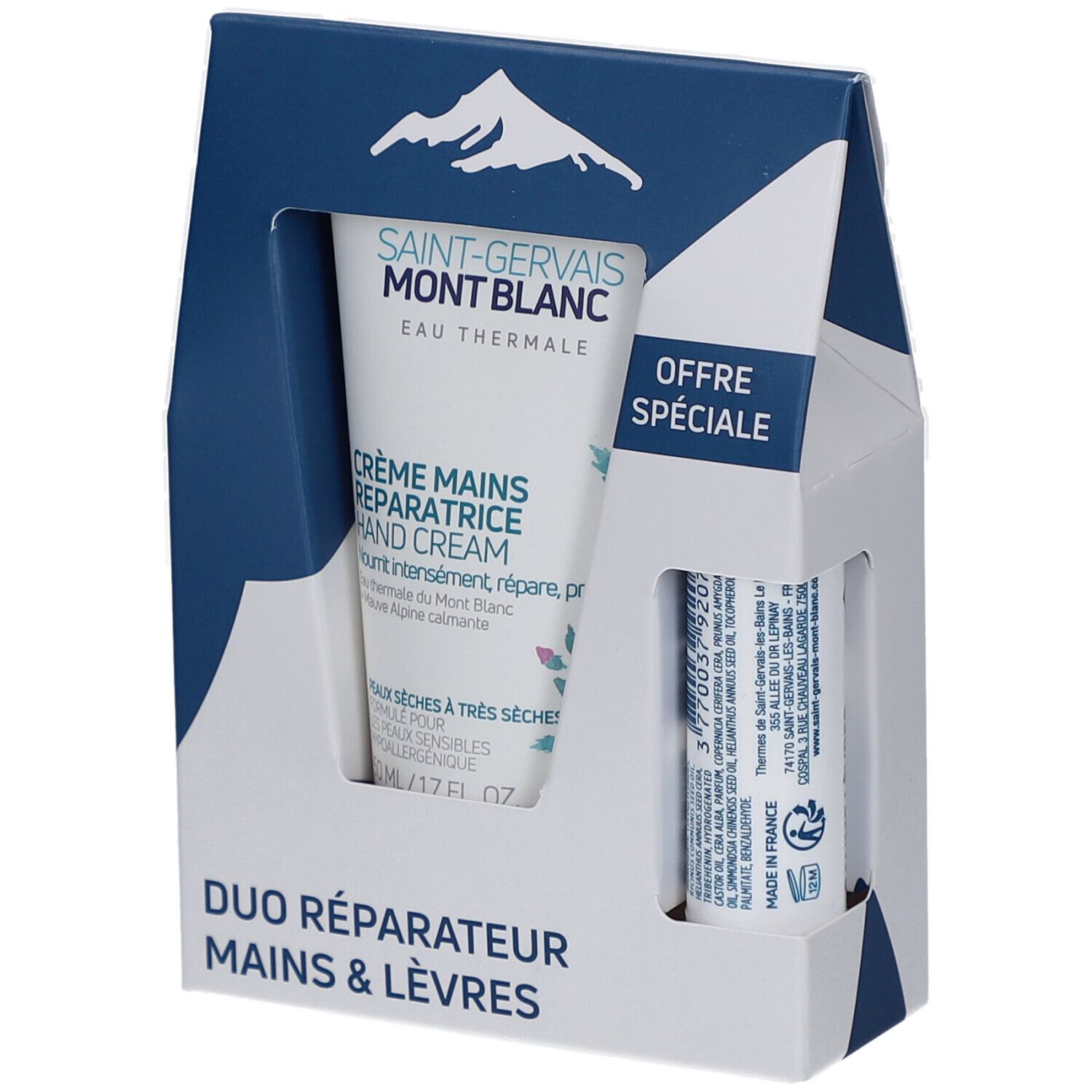 Coffret DUO MAINS & LÈVRES. Contient crème mains et baume lèvres. Emballage avec logo SAINT-GERVAIS MONT BLANC. Emballage bleu et blanc.