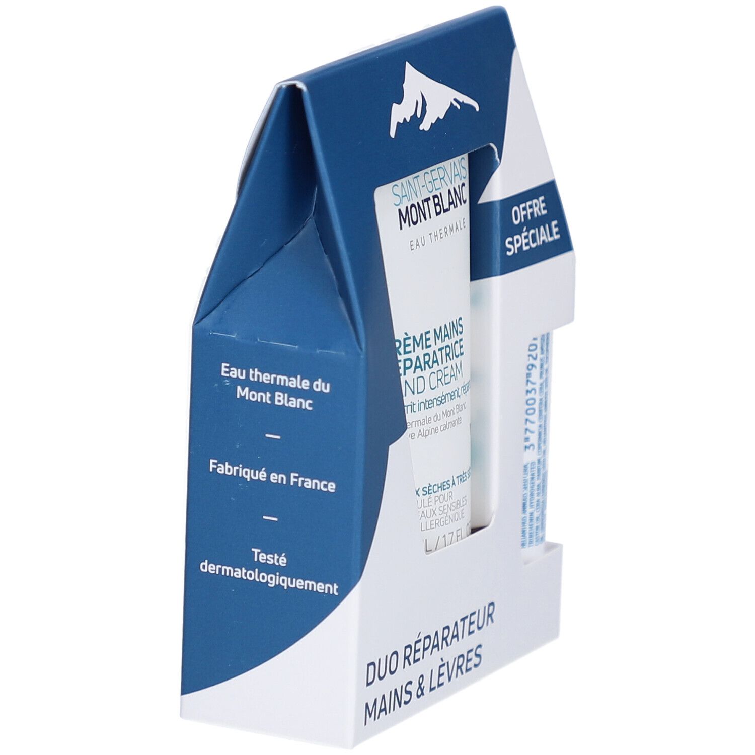 Emballage DUO MAINS & LÈVRES. Contient crème mains et baume lèvres. Logo SAINT-GERVAIS MONT BLANC. Fabriqué en France. Testé dermatologiquement.