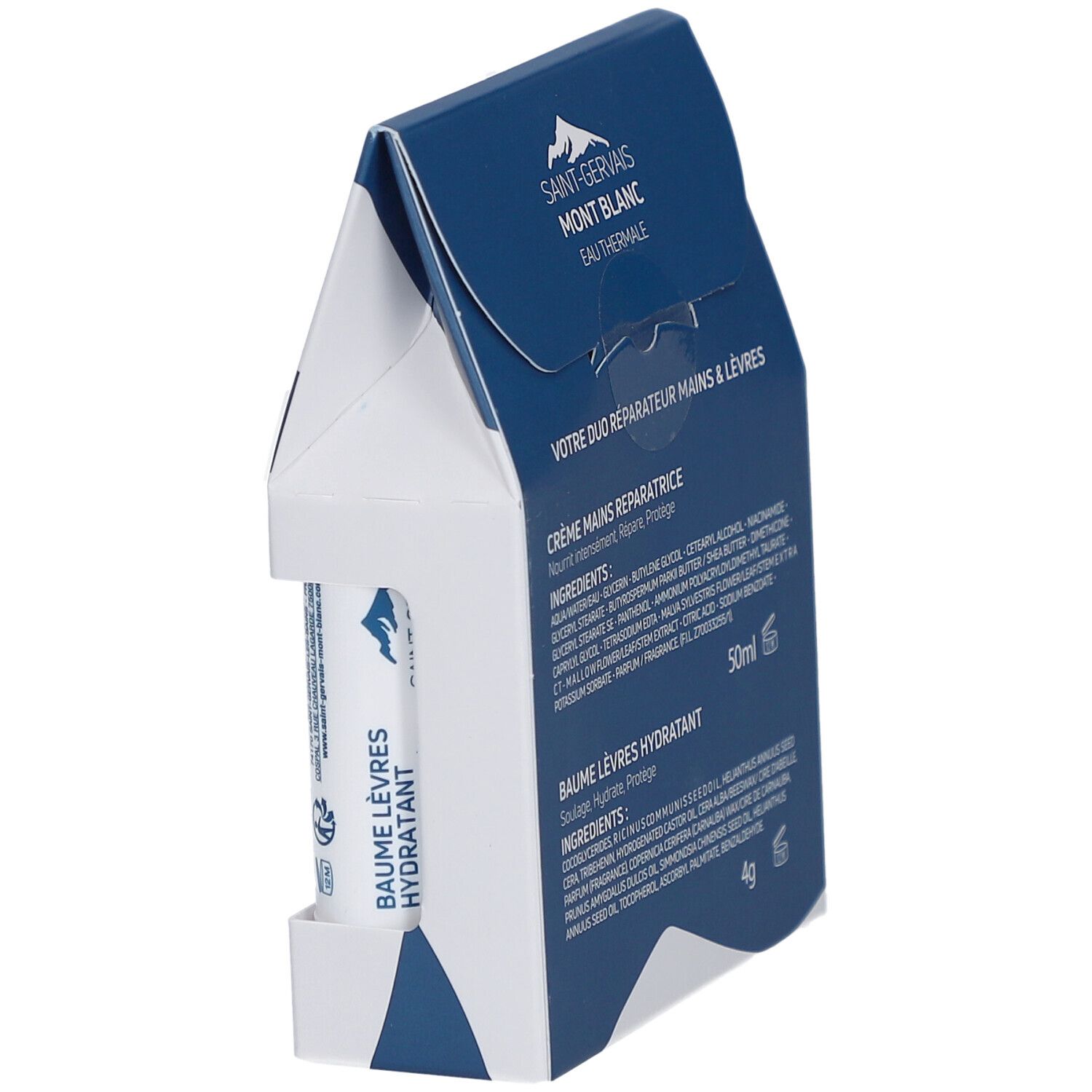 Emballage DUO MAINS & LÈVRES. Contient baume lèvres et crème mains. Logo SAINT-GERVAIS MONT BLANC. Texte en français.